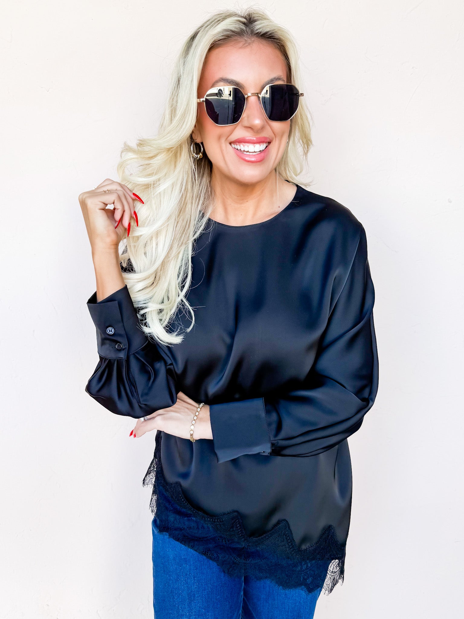 Clancy Satin Asymmetric Lace Trim Top