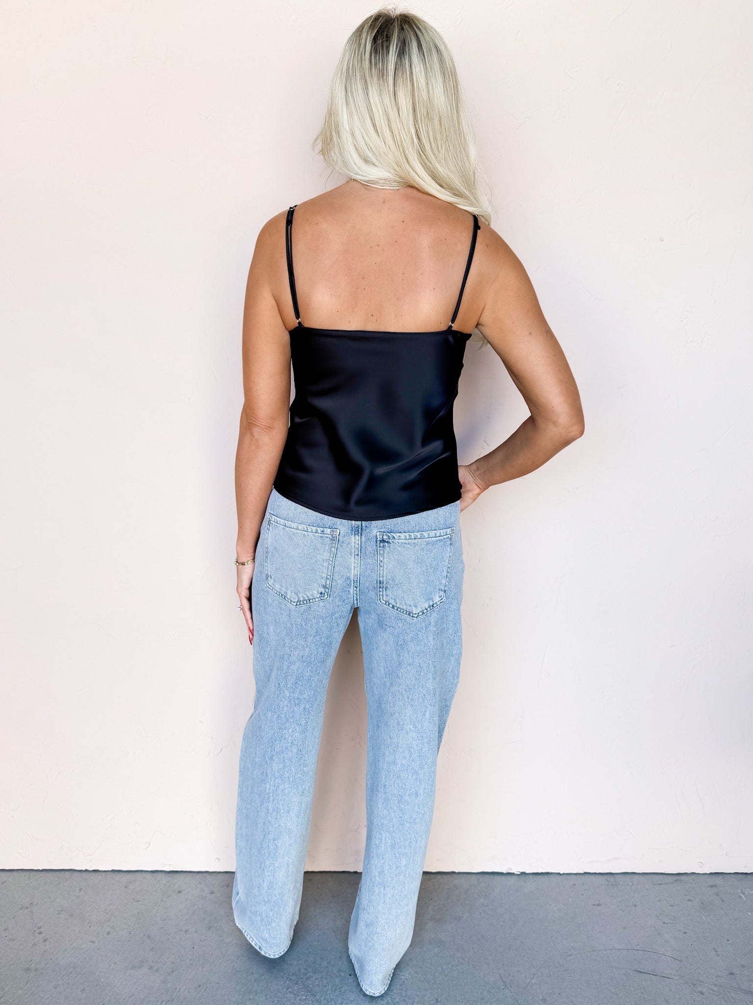 Jane Lace Trim Satin Cami-Black