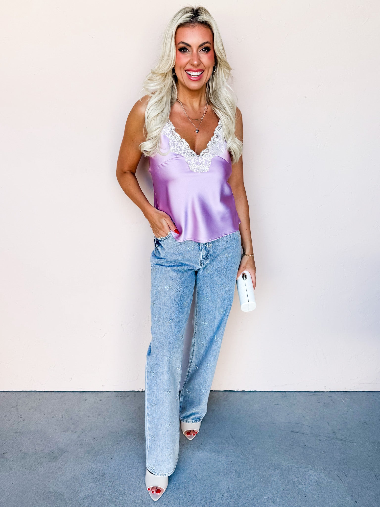 Jane Lace Trim Satin Cami-Lilac