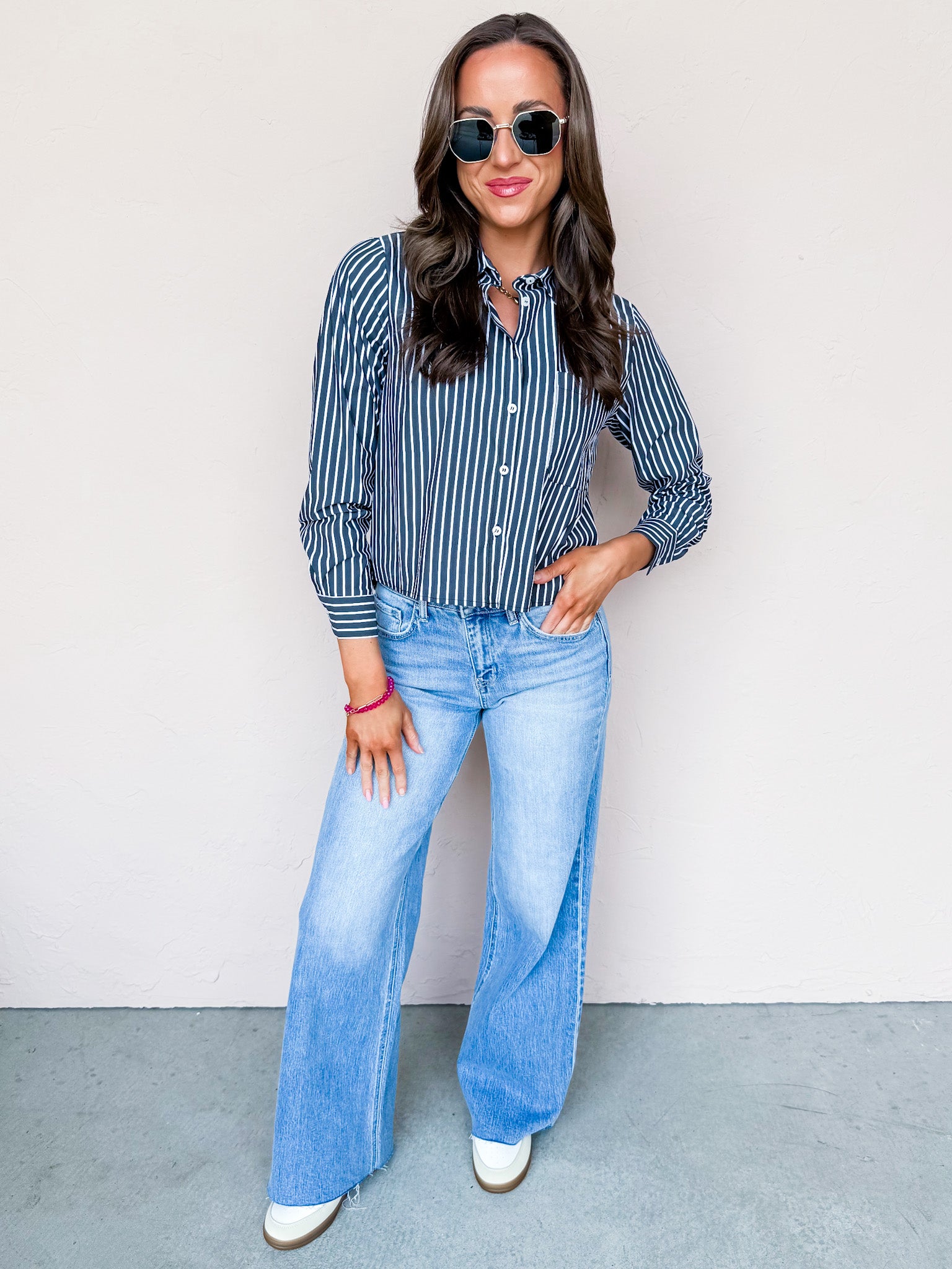 Tailored Edit Striped Button Front Top