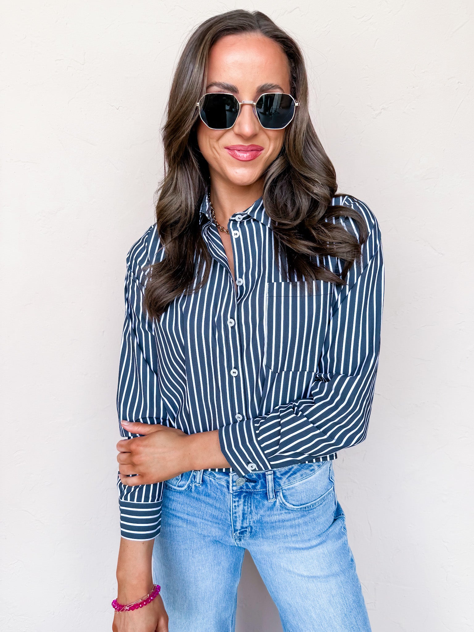 Tailored Edit Striped Button Front Top