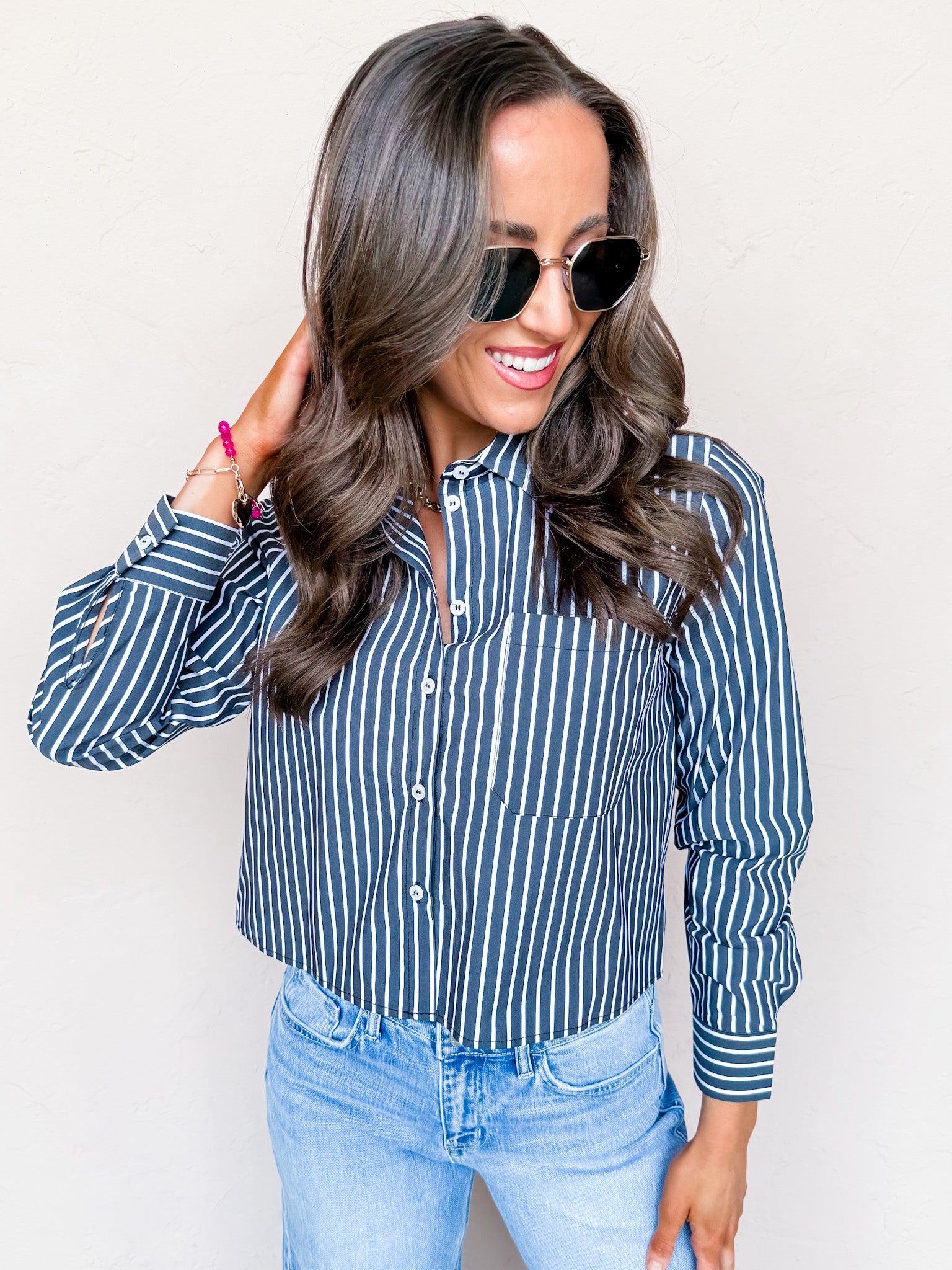 Tailored Edit Striped Button Front Top