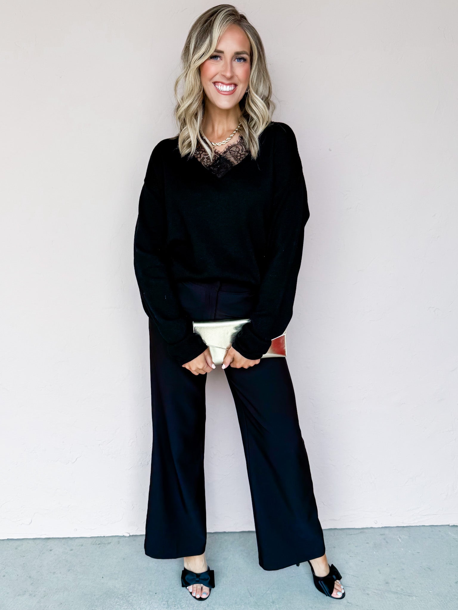 Jamie Lace Trim V Neck Sweater-Black