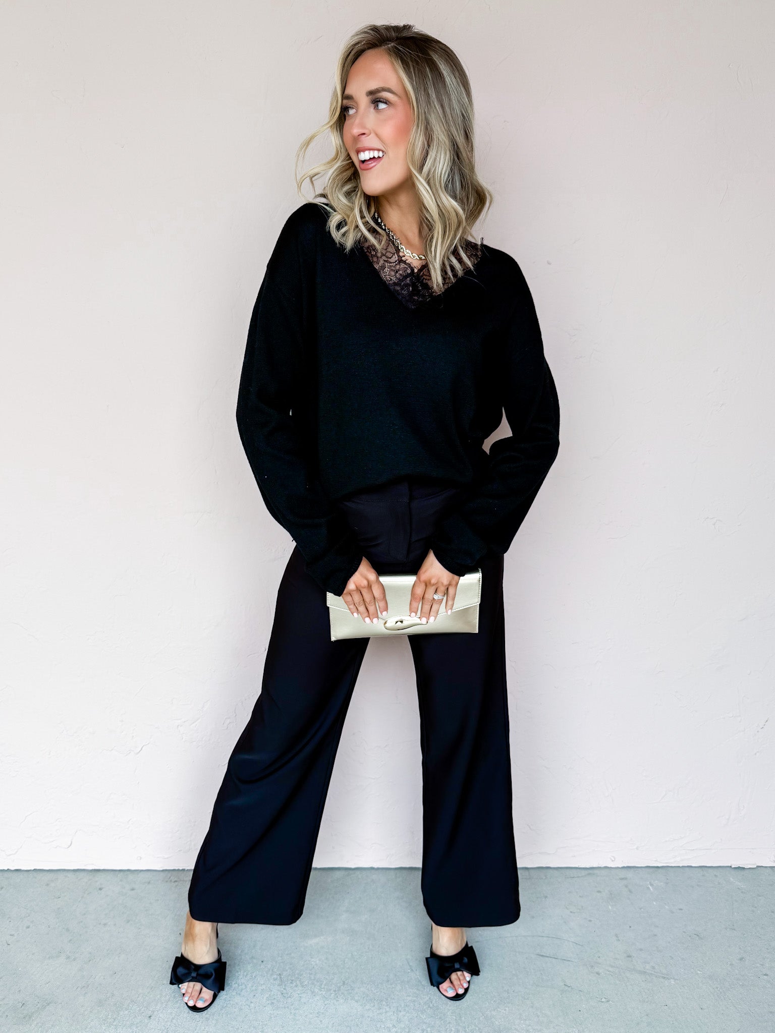 Jamie Lace Trim V Neck Sweater-Black