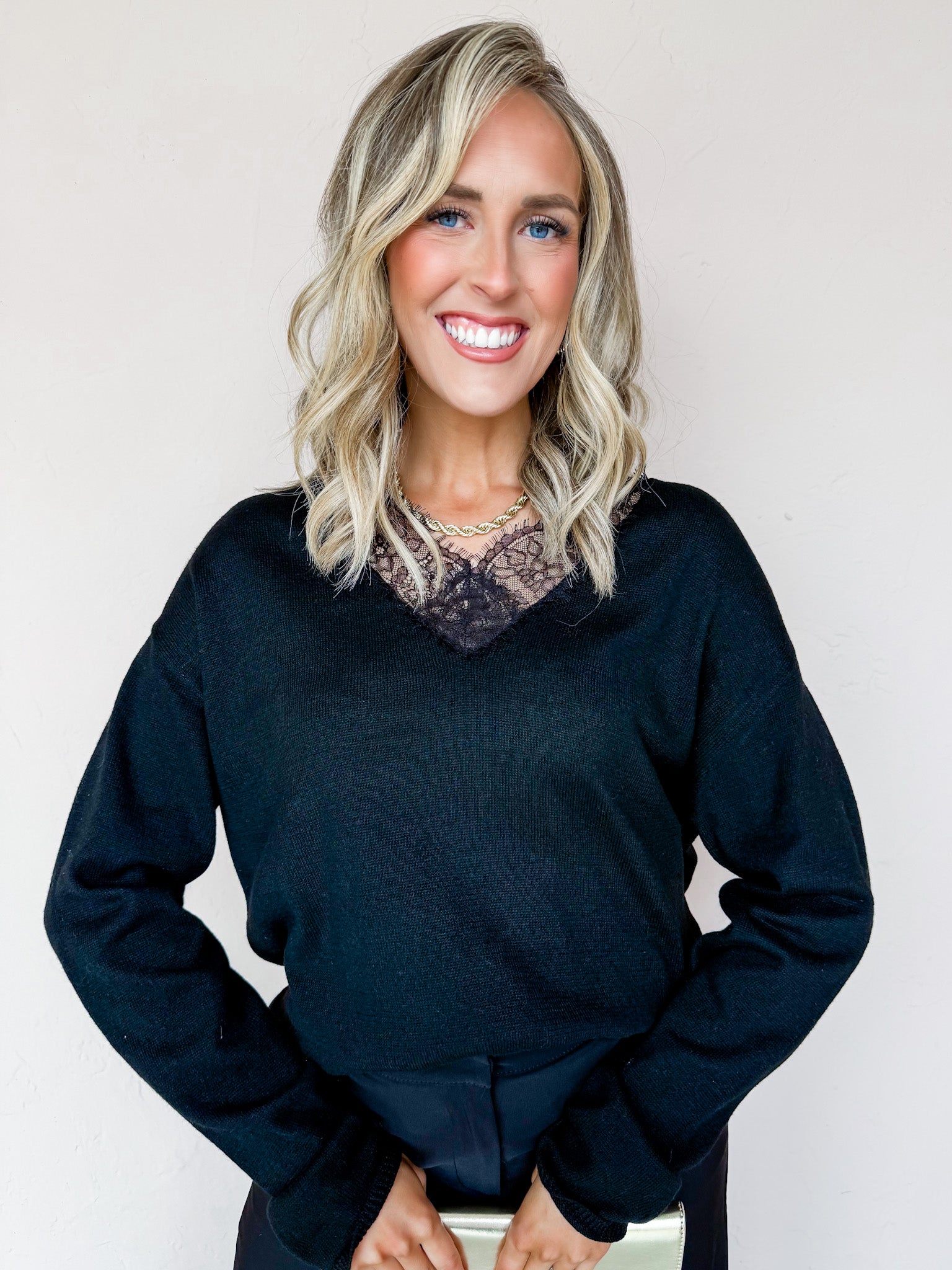 Jamie Lace Trim V Neck Sweater-Black