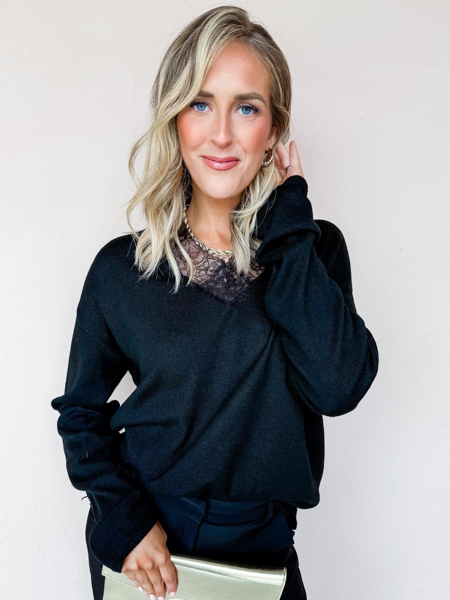 Jamie Lace Trim V Neck Sweater-Black