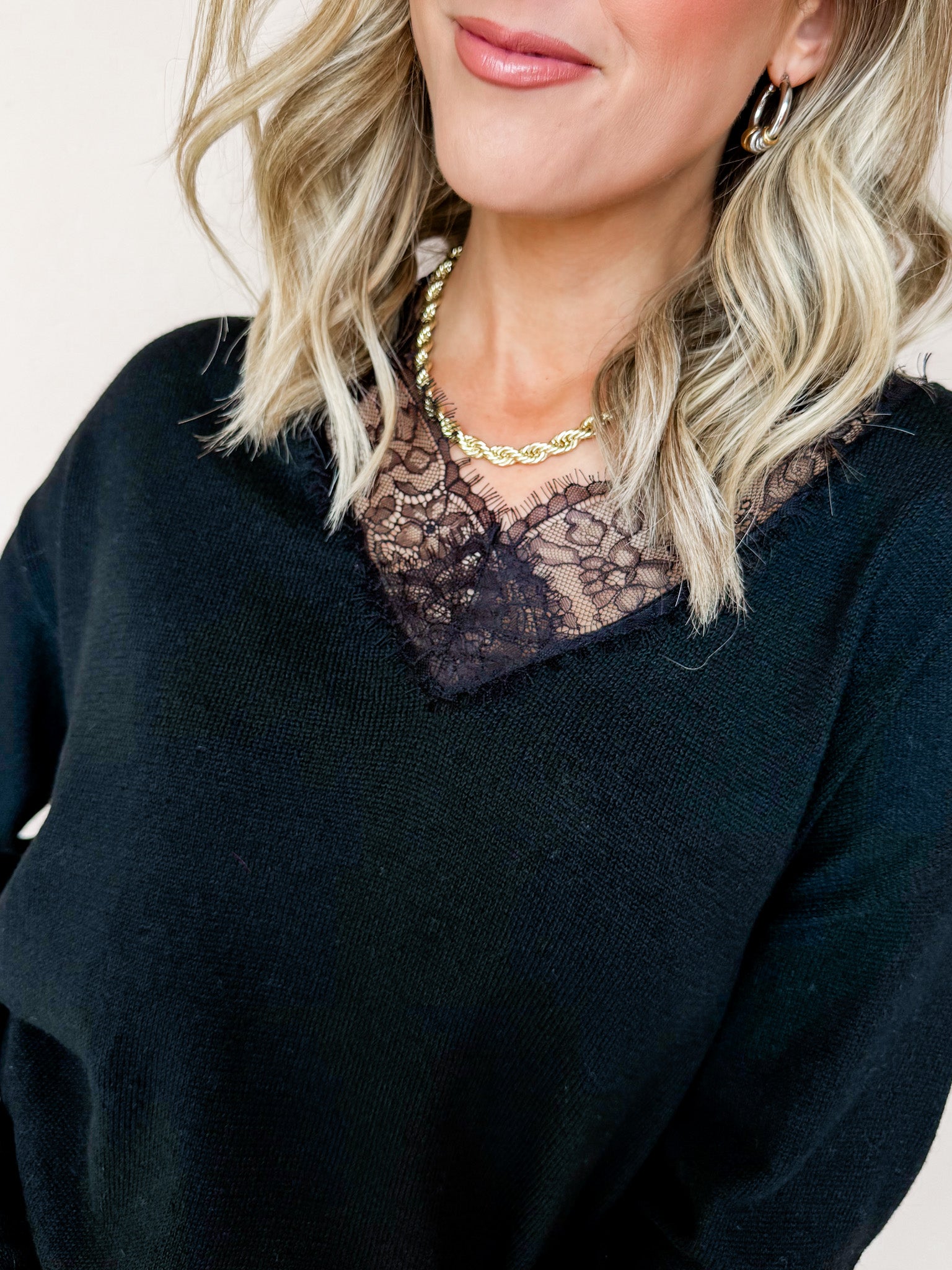 Jamie Lace Trim V Neck Sweater-Black