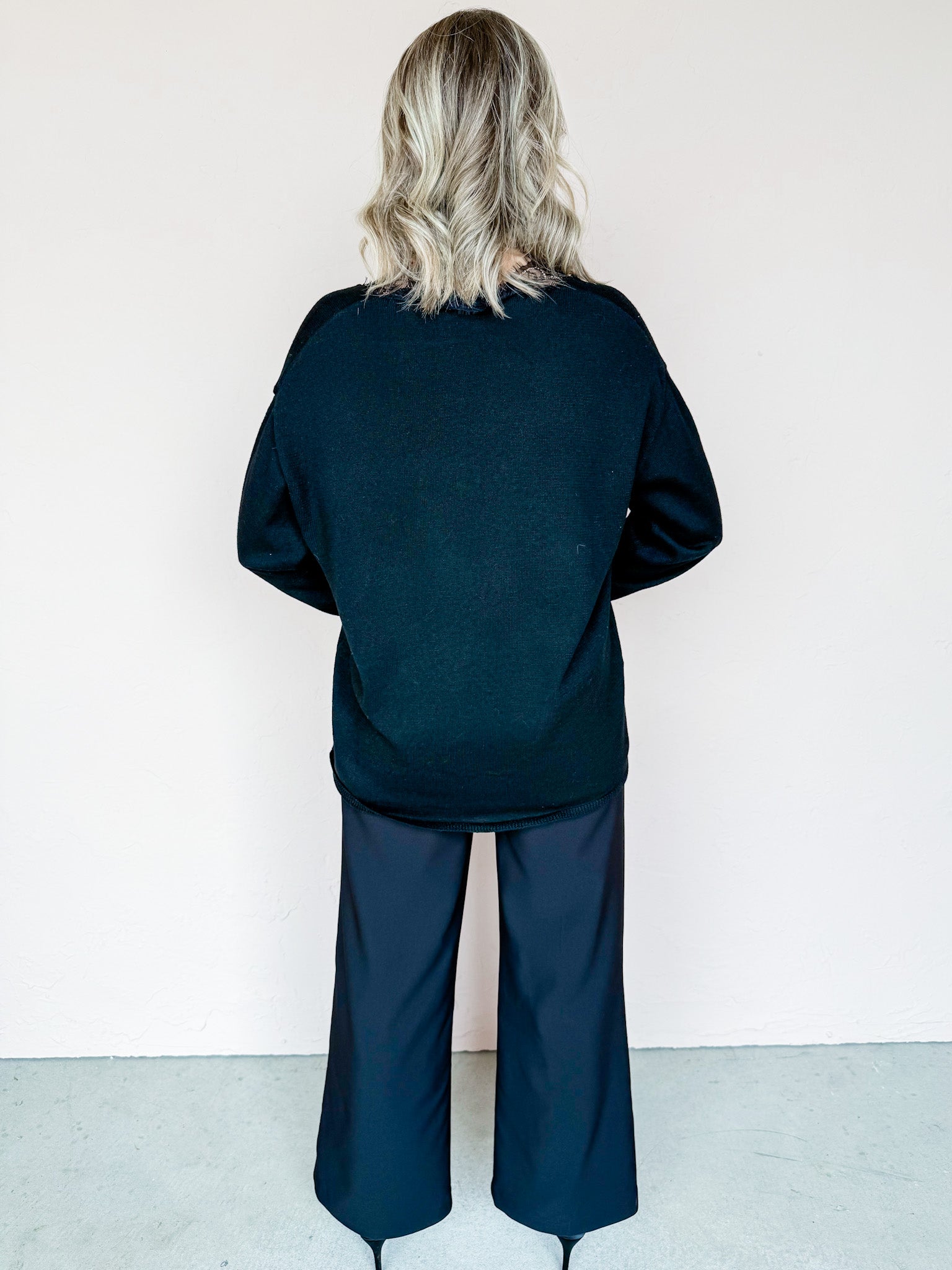 Jamie Lace Trim V Neck Sweater-Black