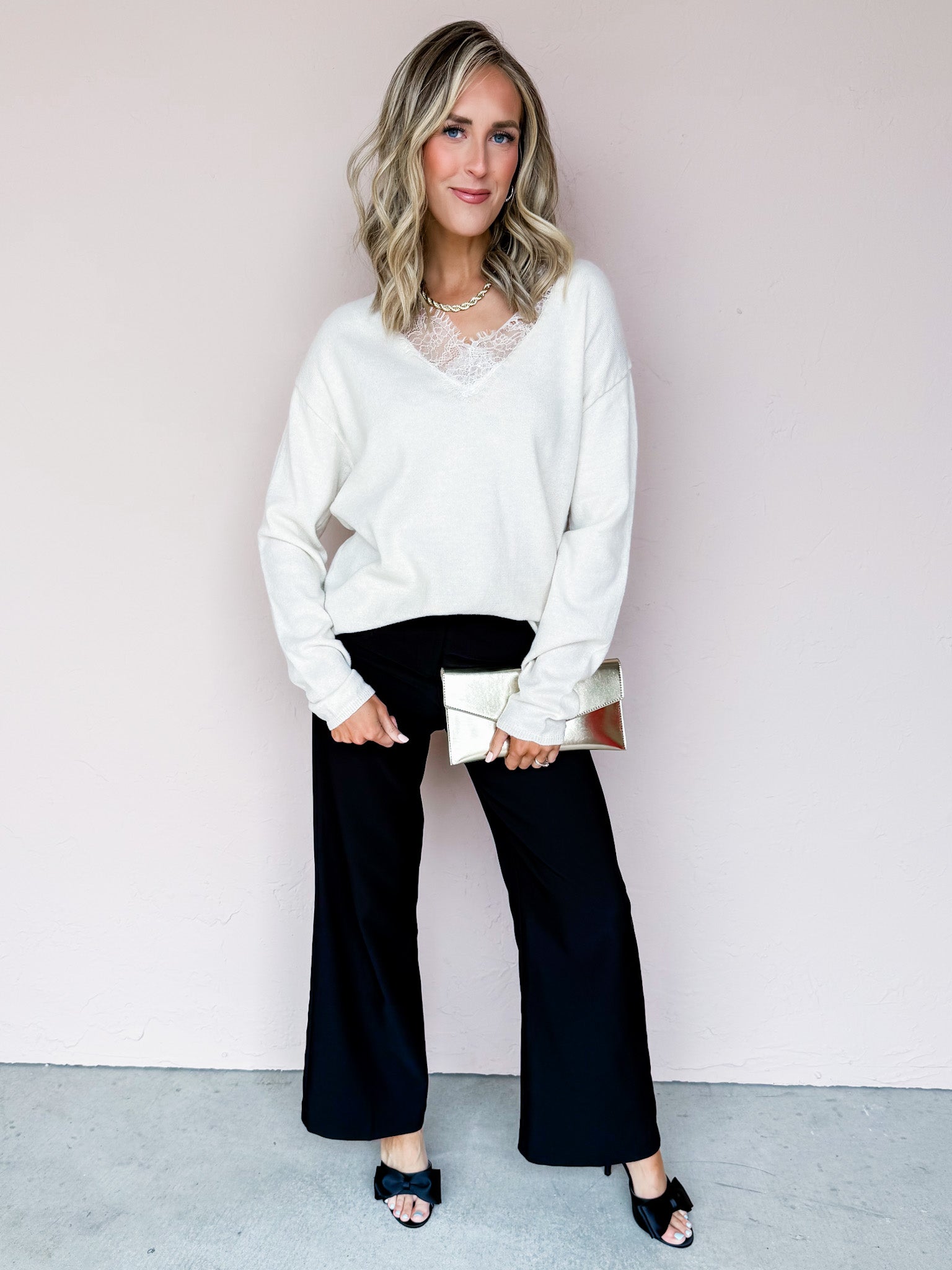 Jamie Lace Trim V Neck Sweater-Off White