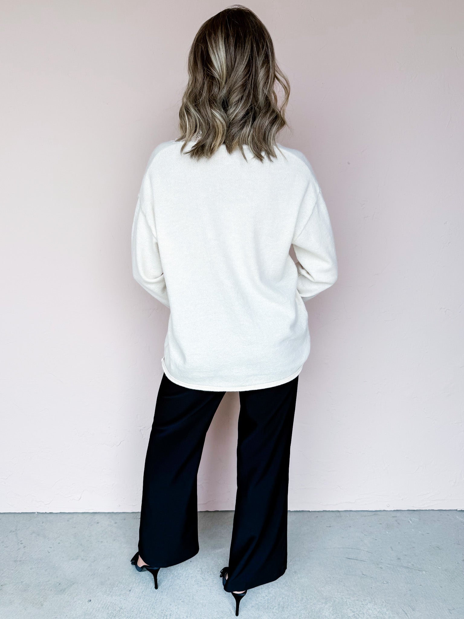 Jamie Lace Trim V Neck Sweater-Off White