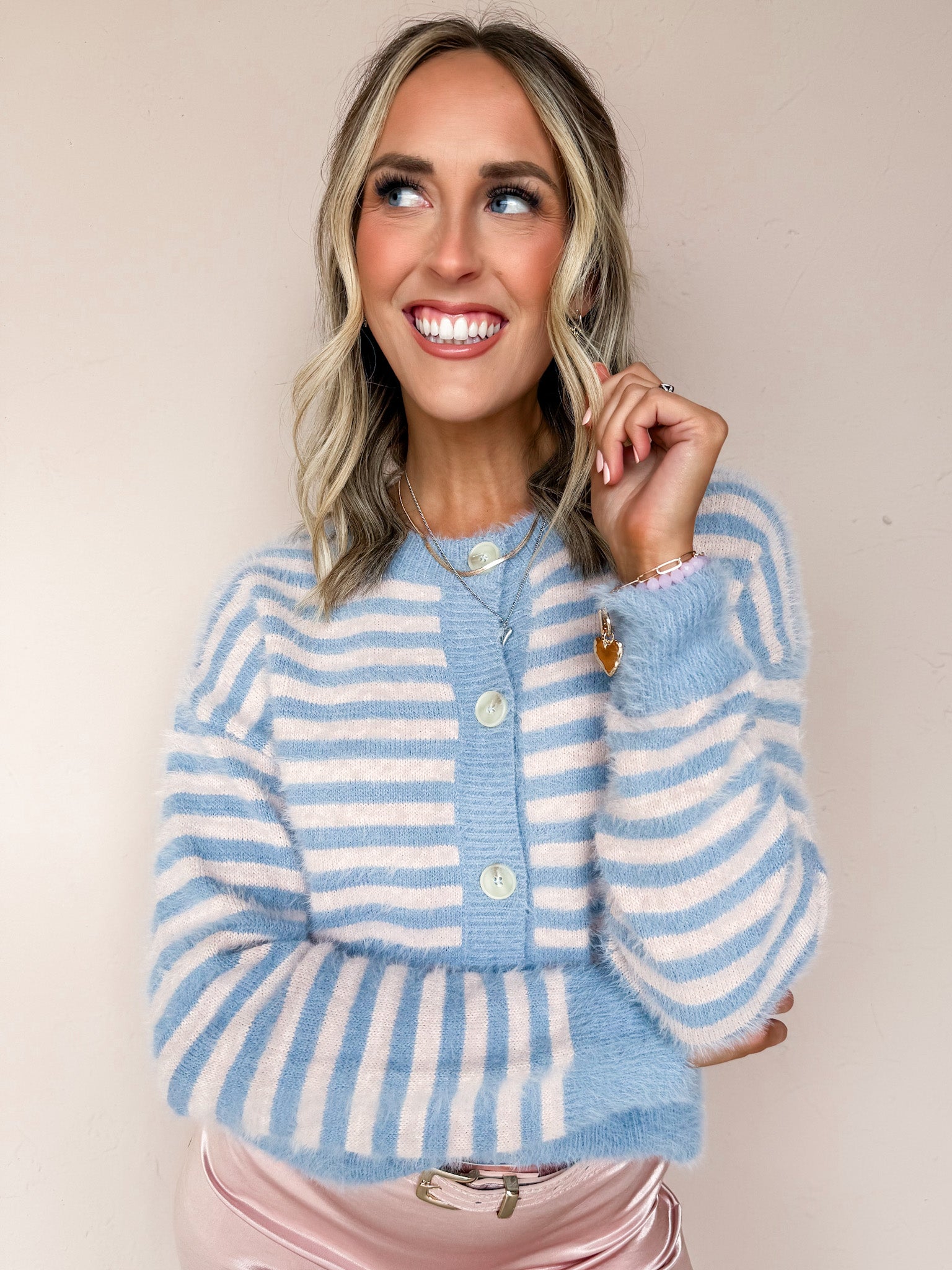 Kate Striped Fuzzy Cardigan-Blue