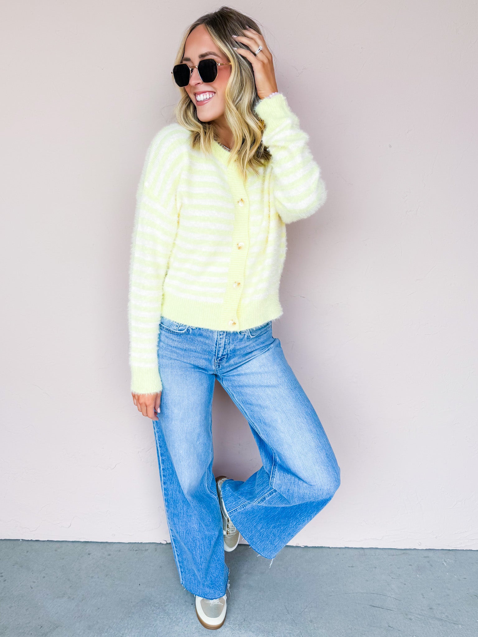 Kate Striped Fuzzy Cardigan-Butter Yellow