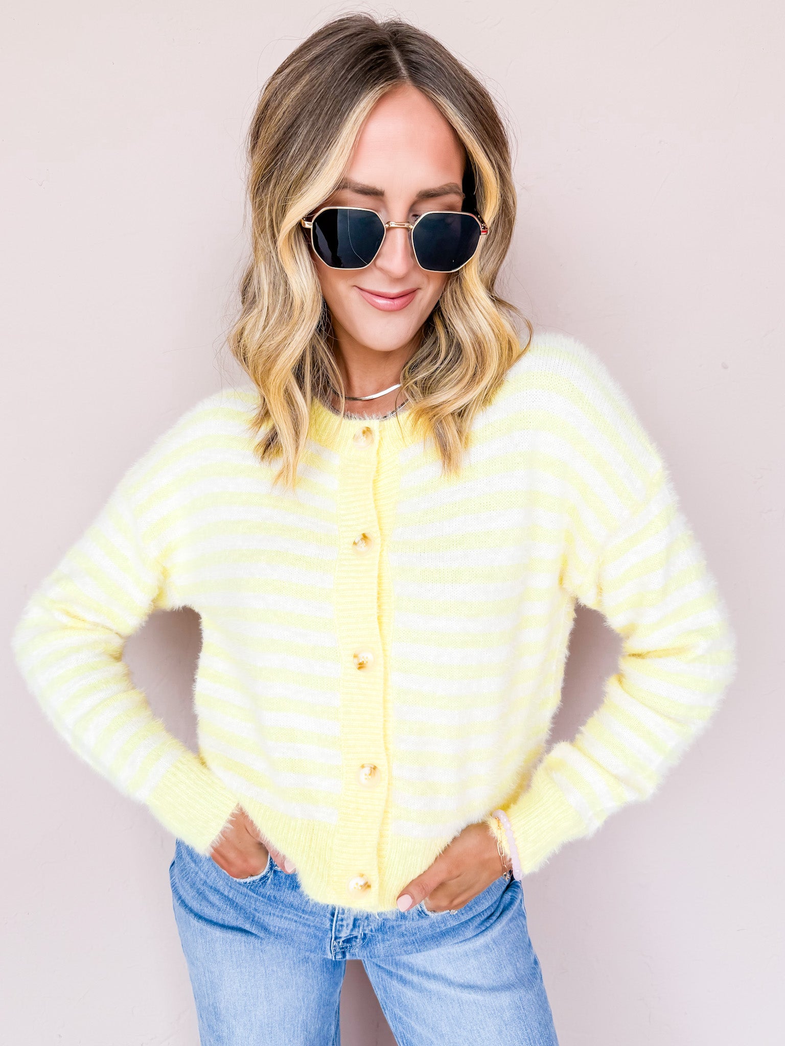 Kate Striped Fuzzy Cardigan-Butter Yellow