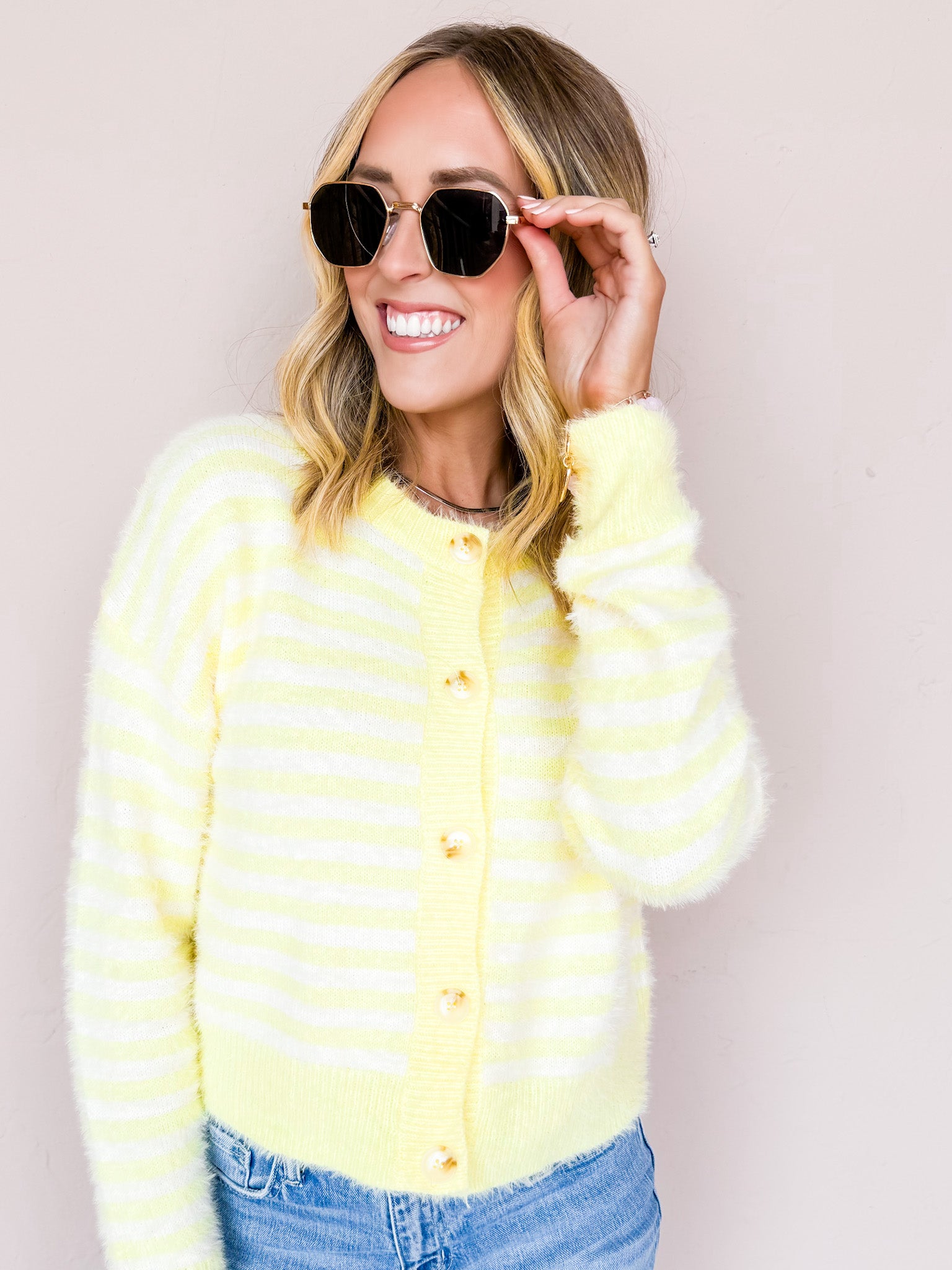 Kate Striped Fuzzy Cardigan-Butter Yellow
