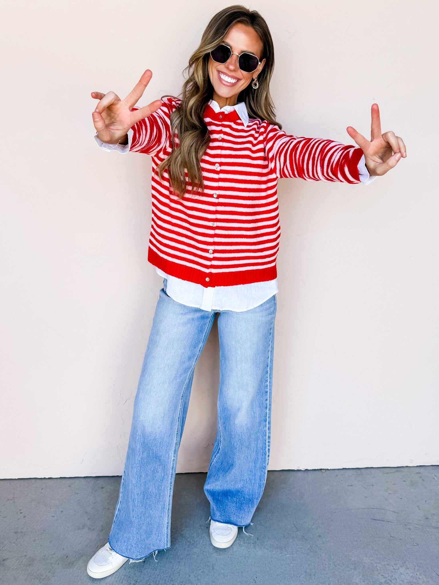 Kendall Striped Button Front Cardigan-Red