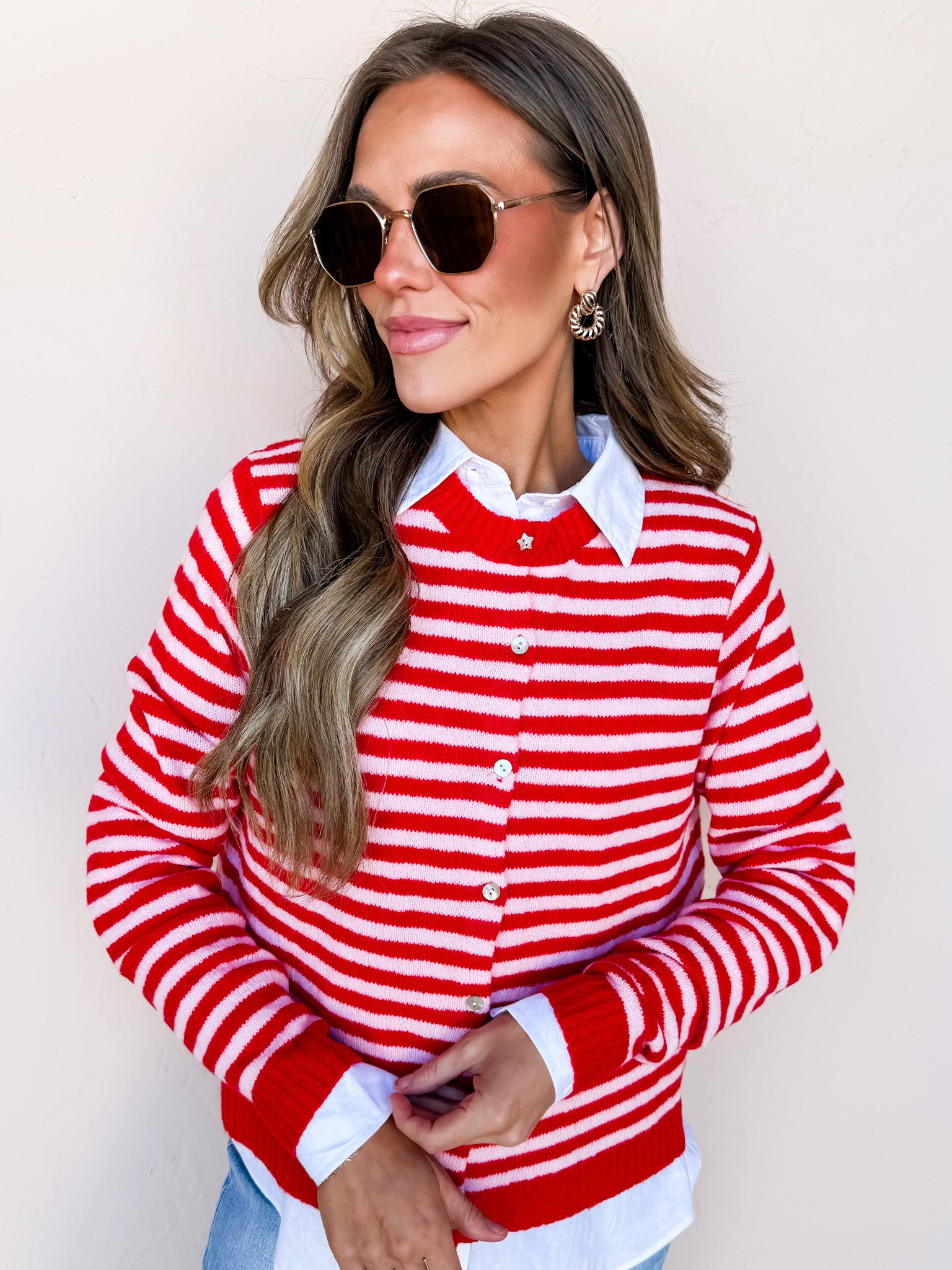 Kendall Striped Button Front Cardigan-Red