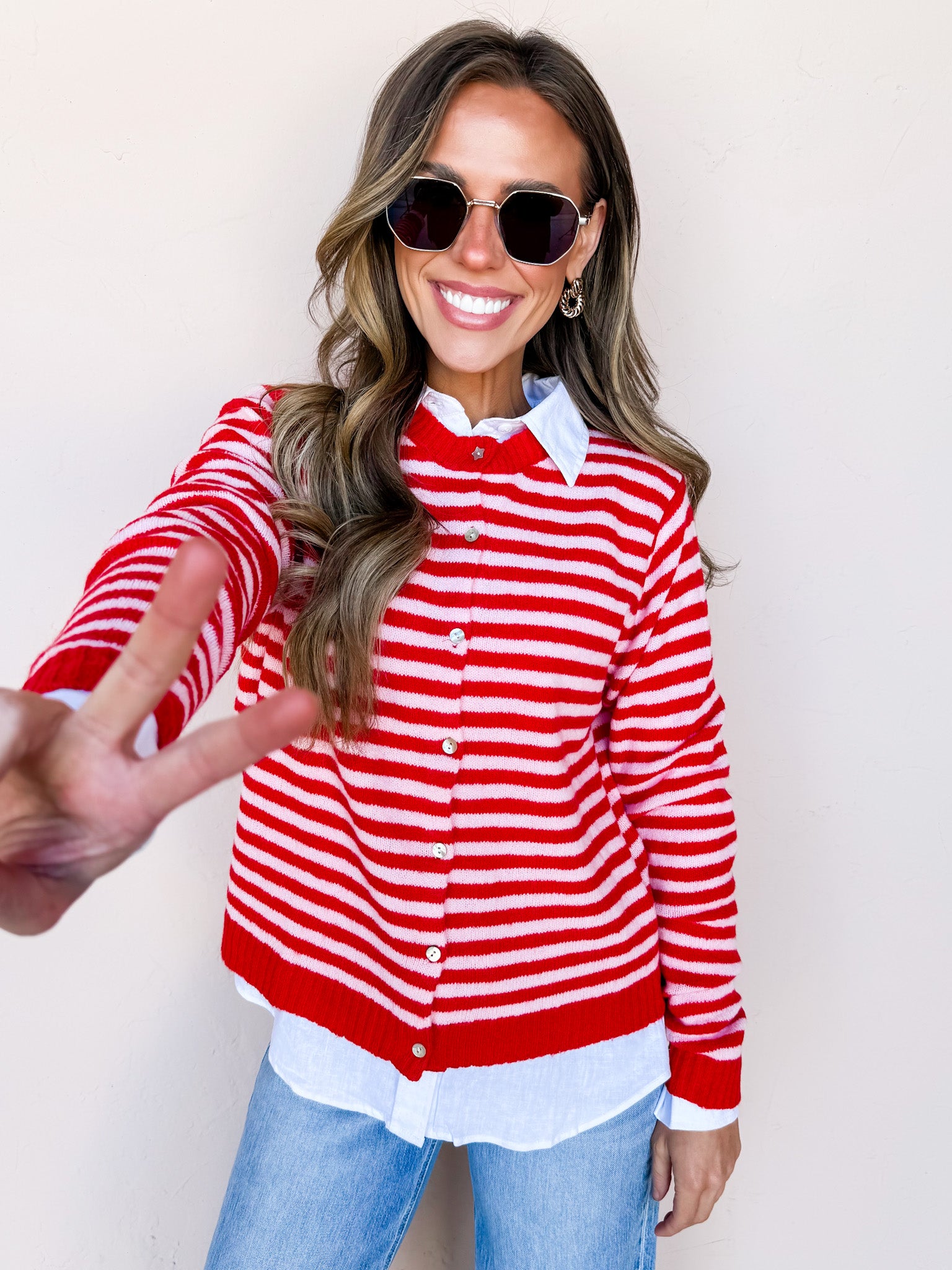 Kendall Striped Button Front Cardigan-Red