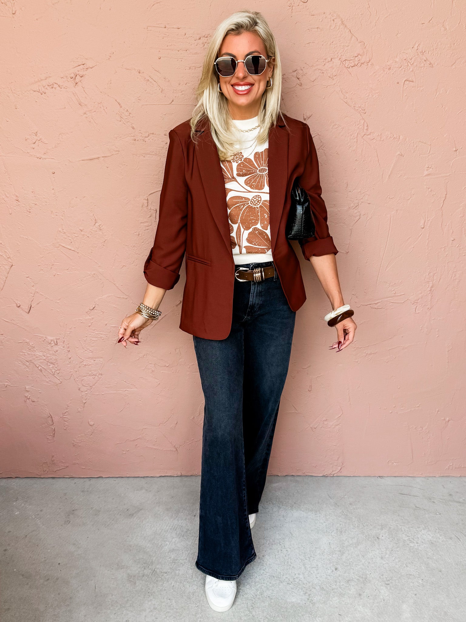 Paula Open Front Blazer Jacket-Brown