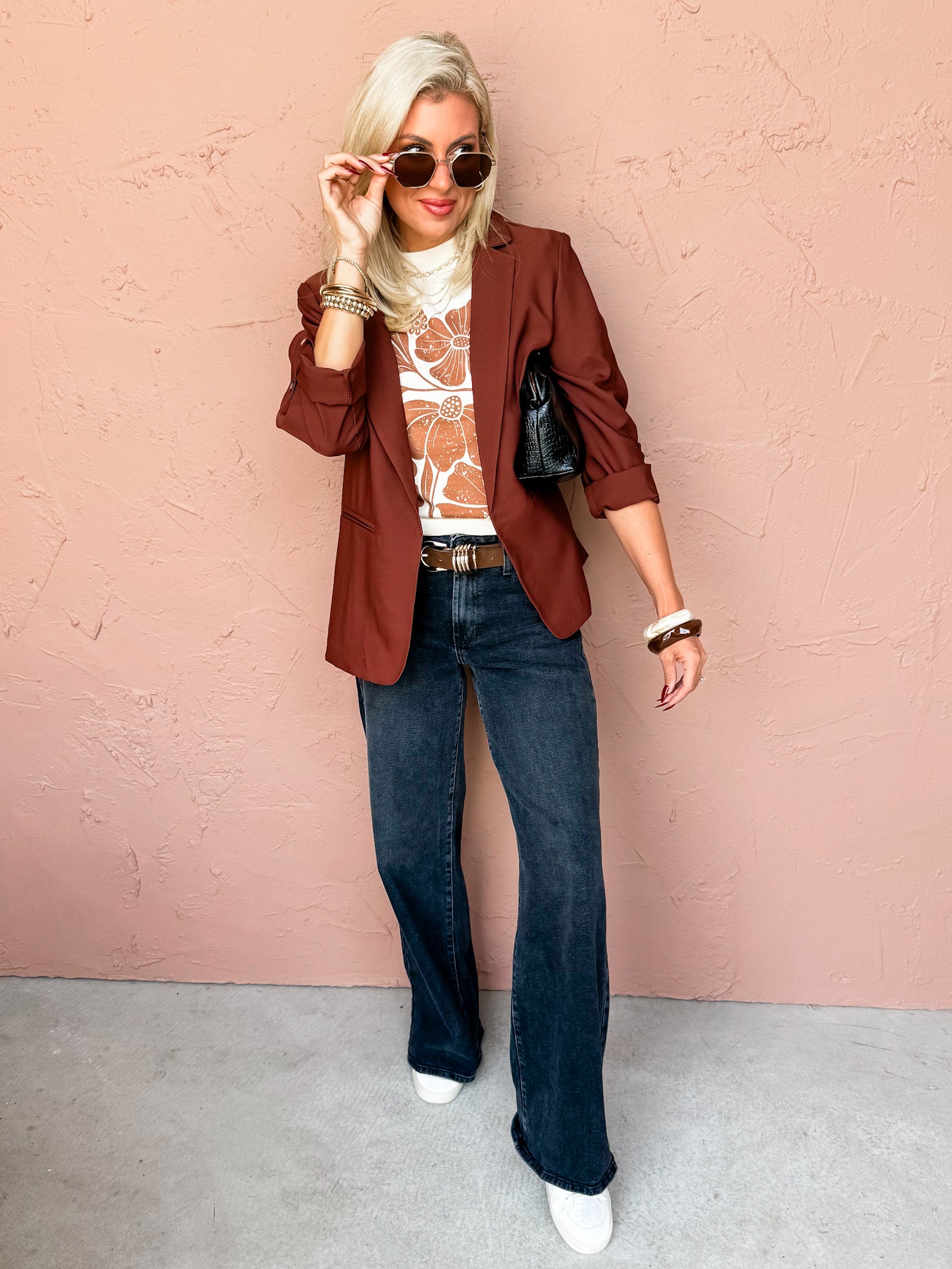 Paula Open Front Blazer Jacket-Brown