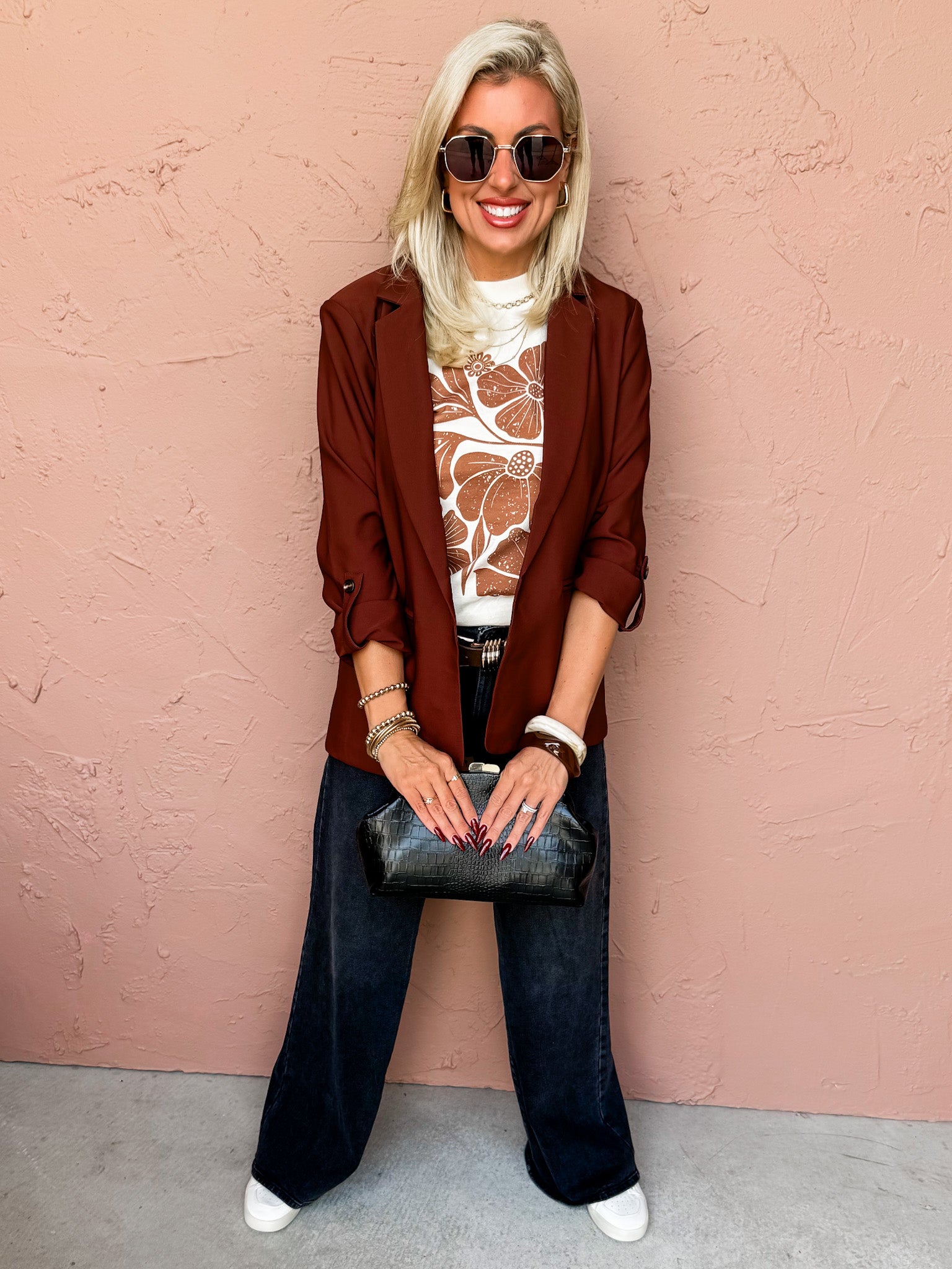 Paula Open Front Blazer Jacket-Brown