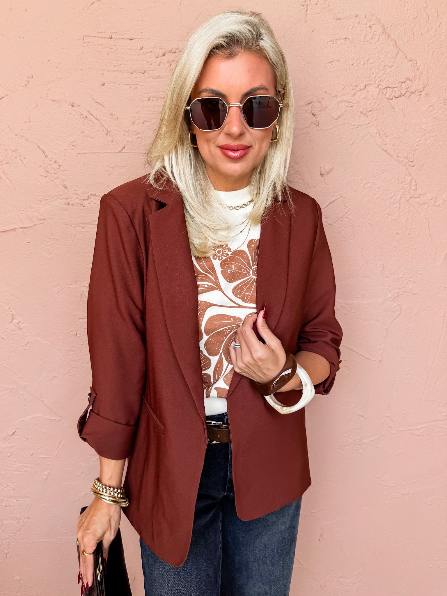 Paula Open Front Blazer Jacket-Brown