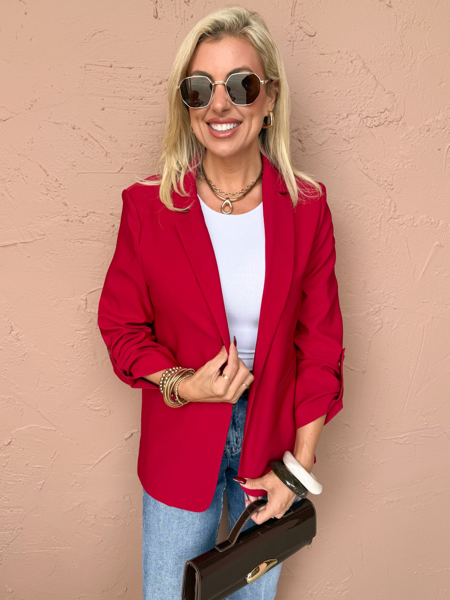 Paula Open Front Blazer Jacket-Dark Red