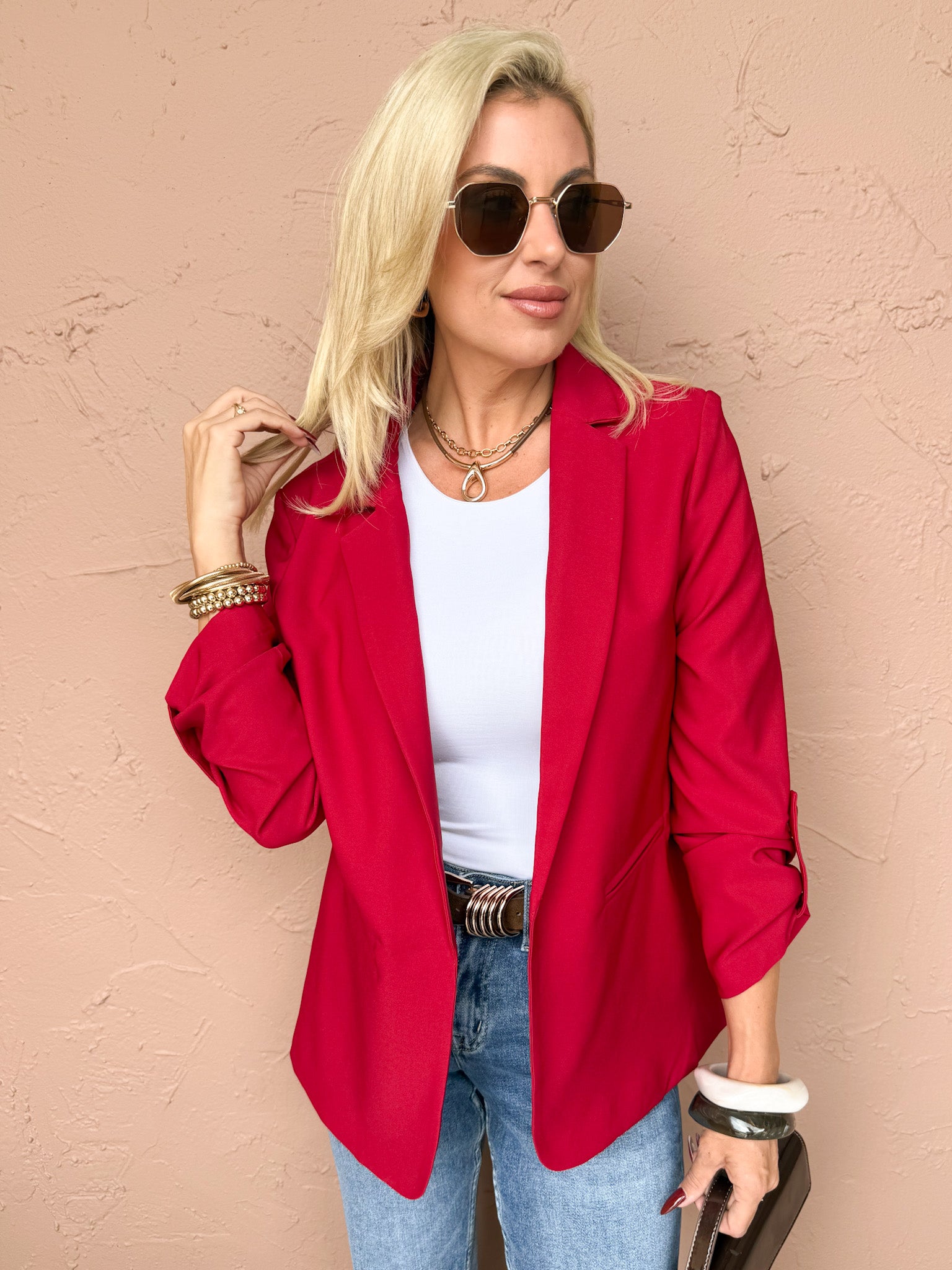 Paula Open Front Blazer Jacket-Dark Red