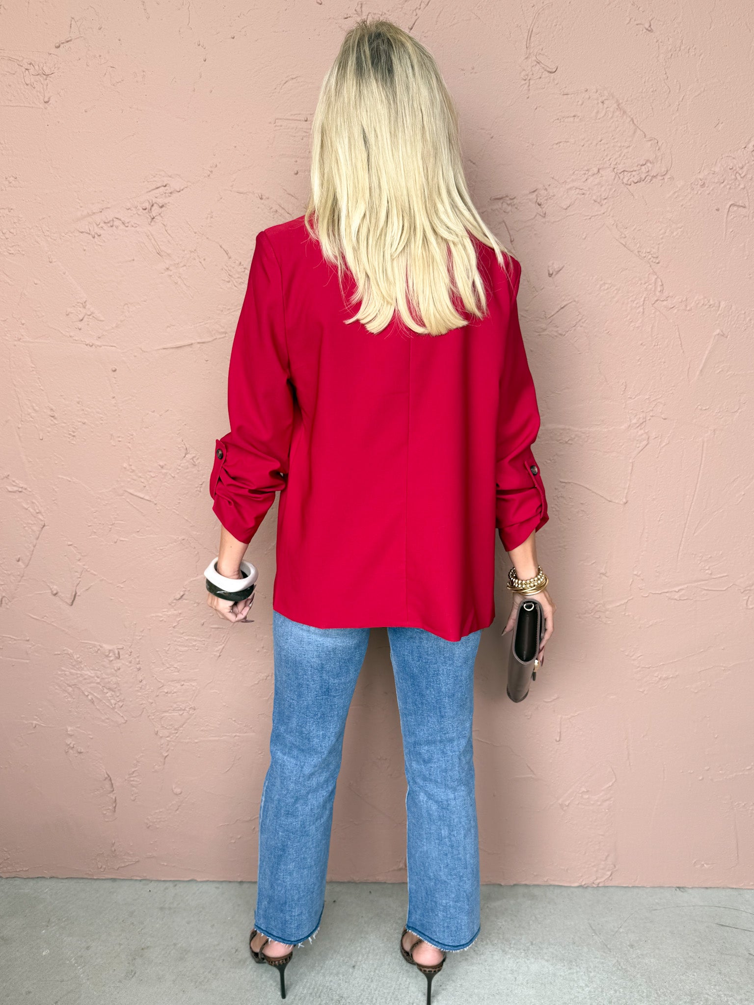 Paula Open Front Blazer Jacket-Dark Red