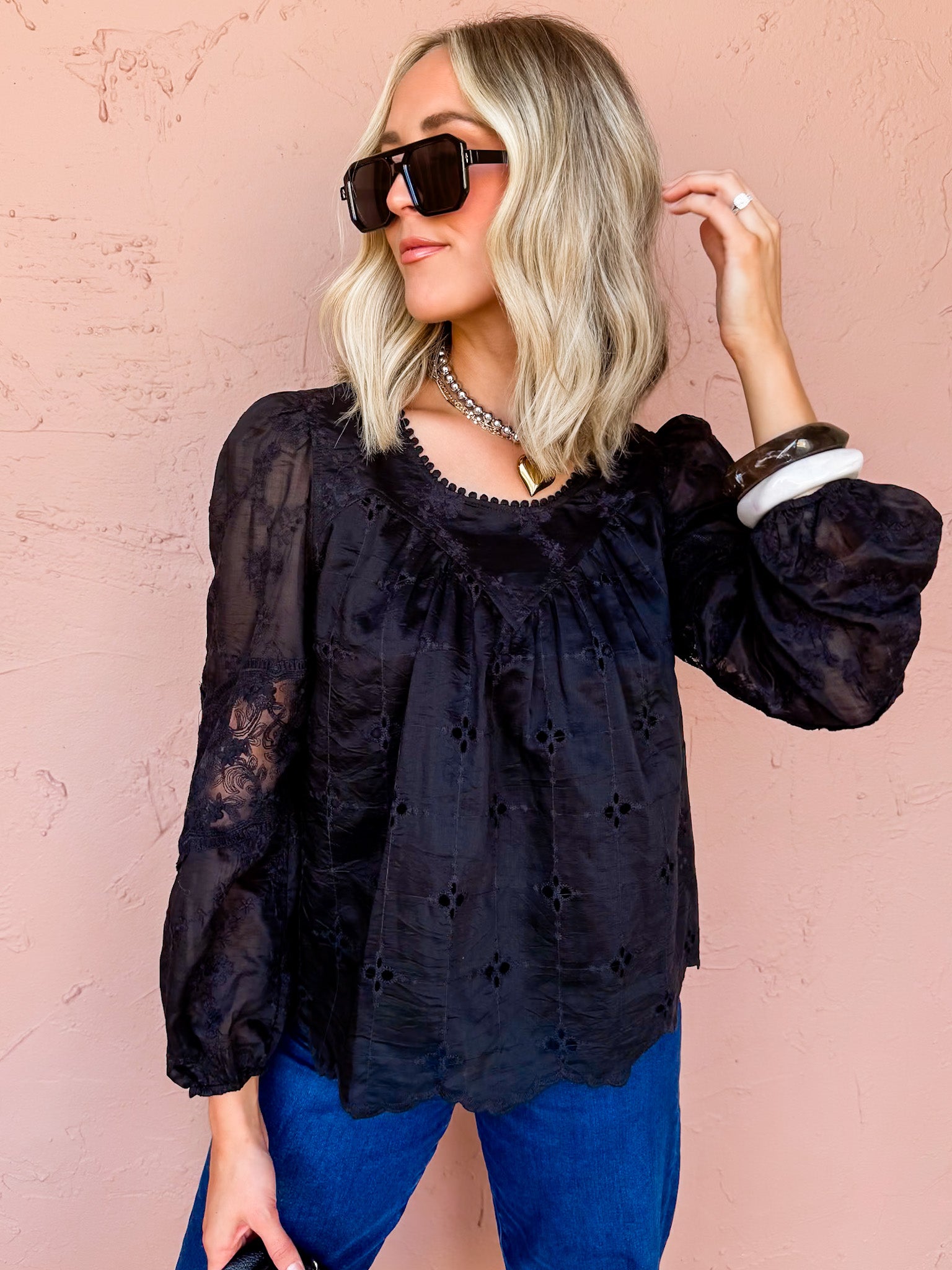 Can't Miss This Puff Sleeve Lace Top-Black