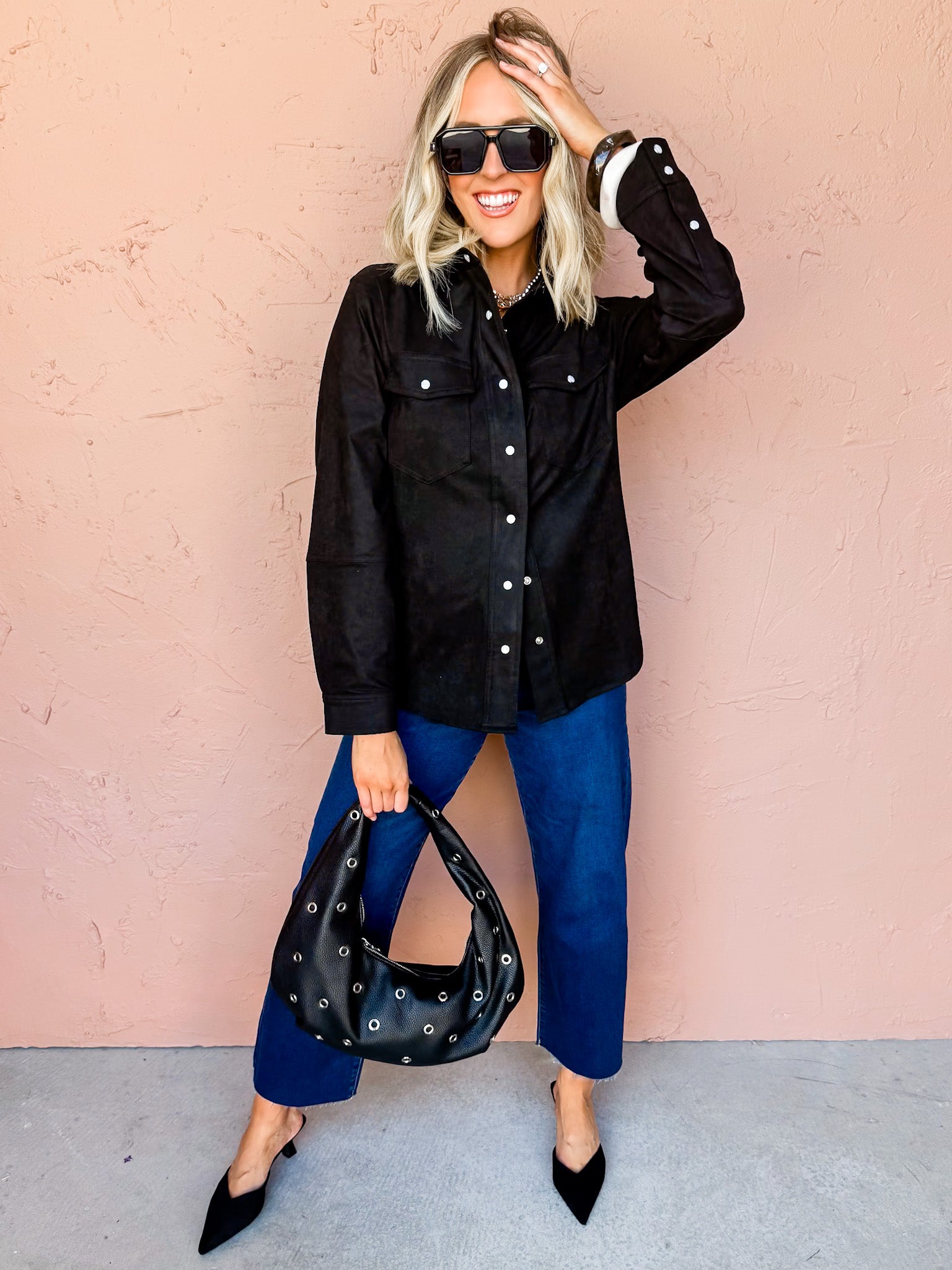 Free Spirit Suede Button Front Jacket-Black