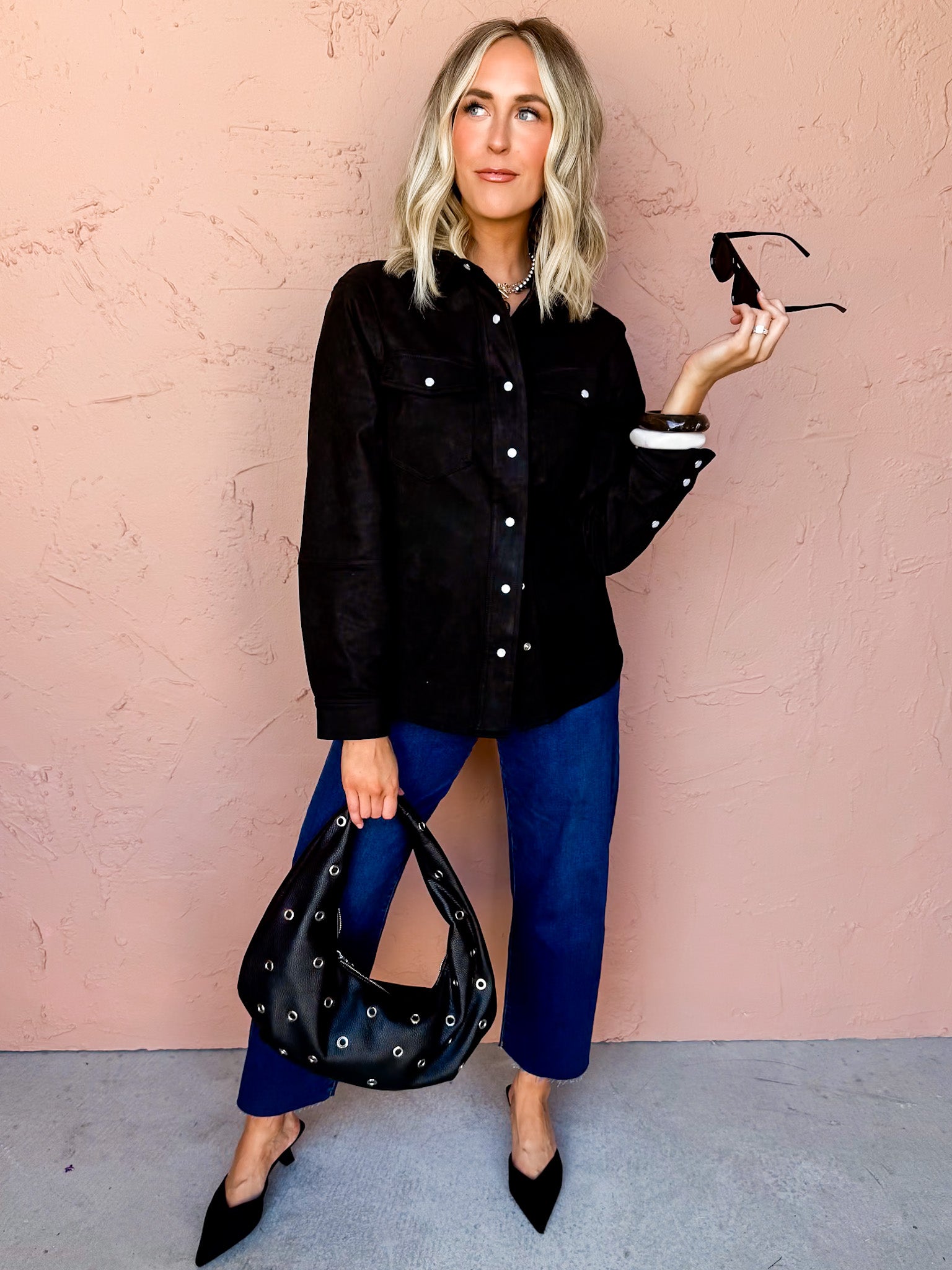 Free Spirit Suede Button Front Jacket-Black