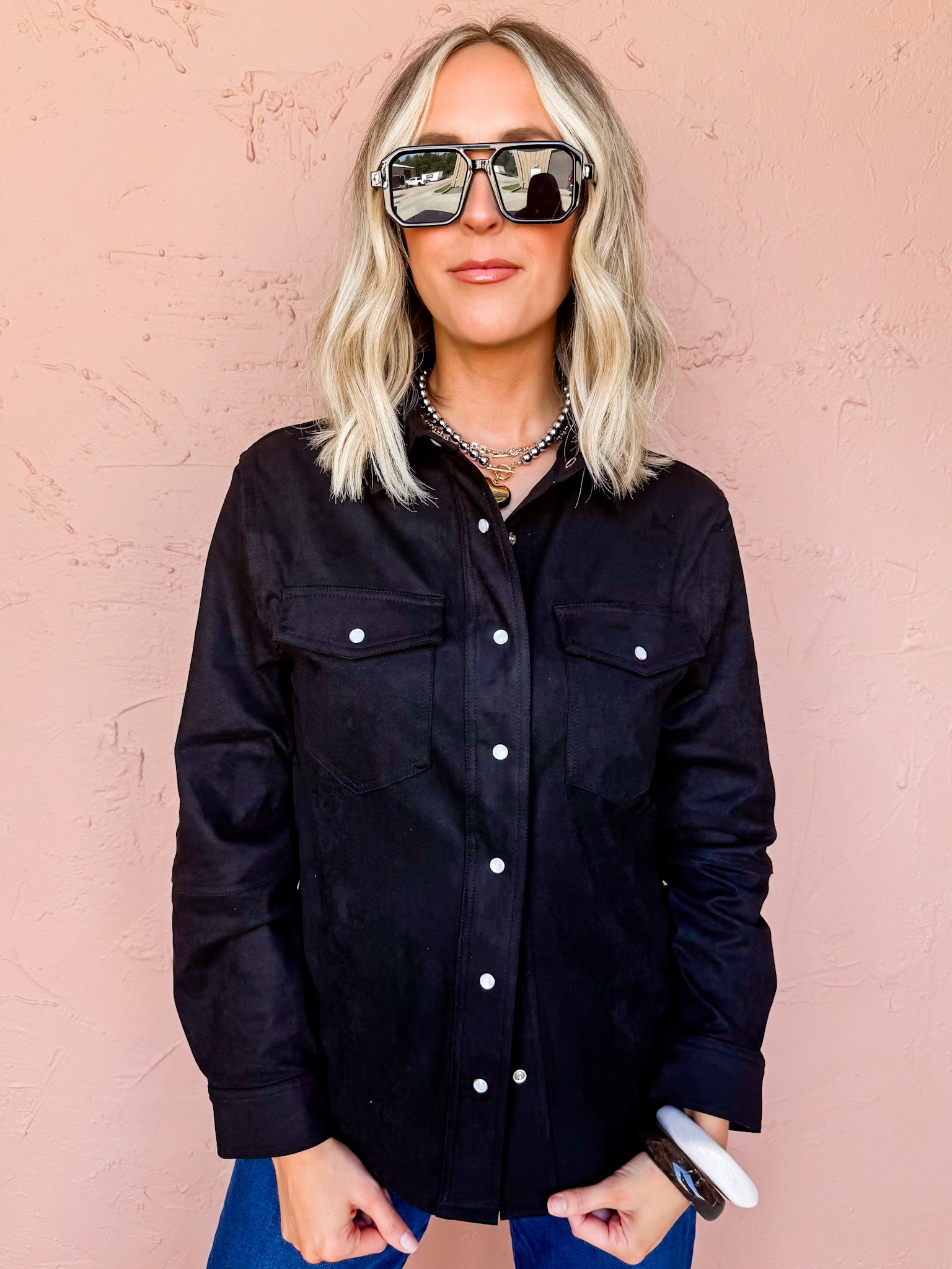 Free Spirit Suede Button Front Jacket-Black