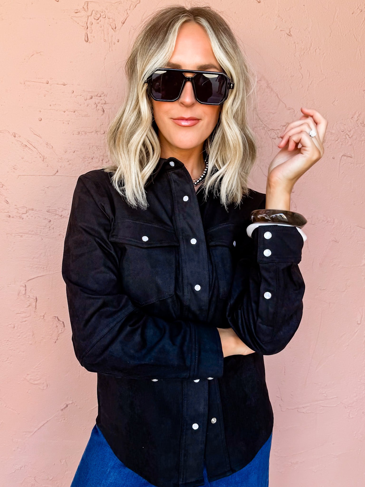 Free Spirit Suede Button Front Jacket-Black