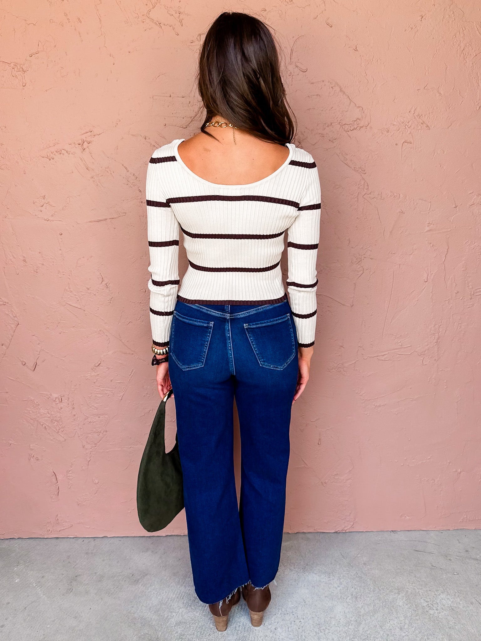 Guess Again Striped Scoop Neck Sweater-Beige