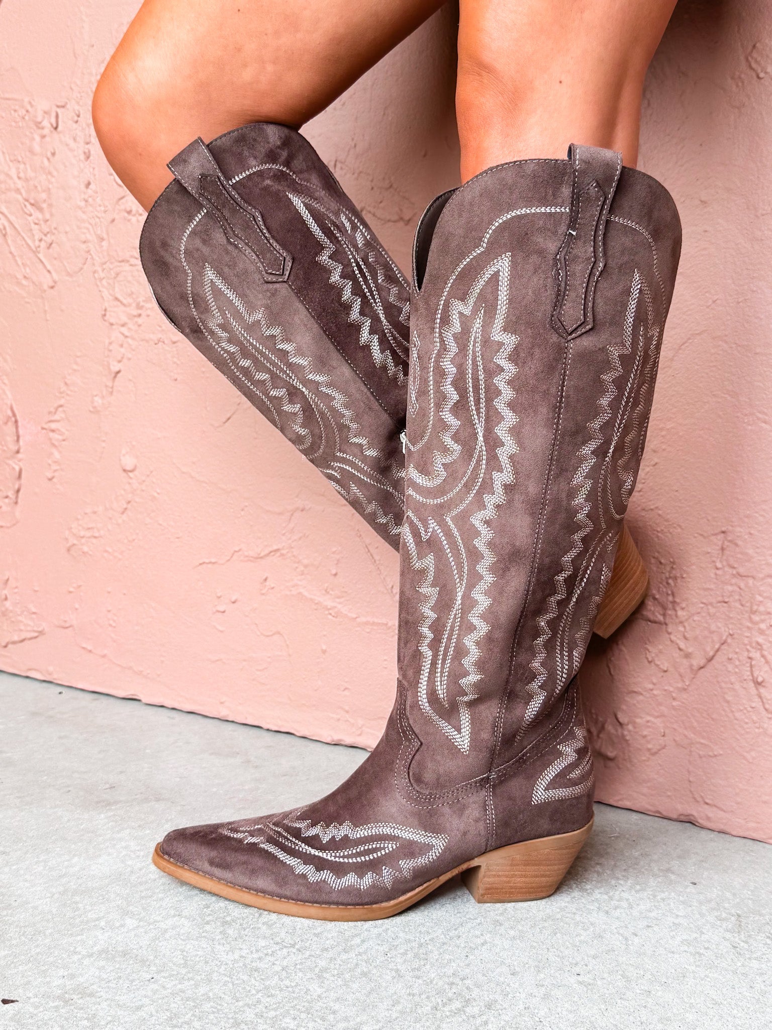 Tess Western Stitched Knee Boots-Dark Brown