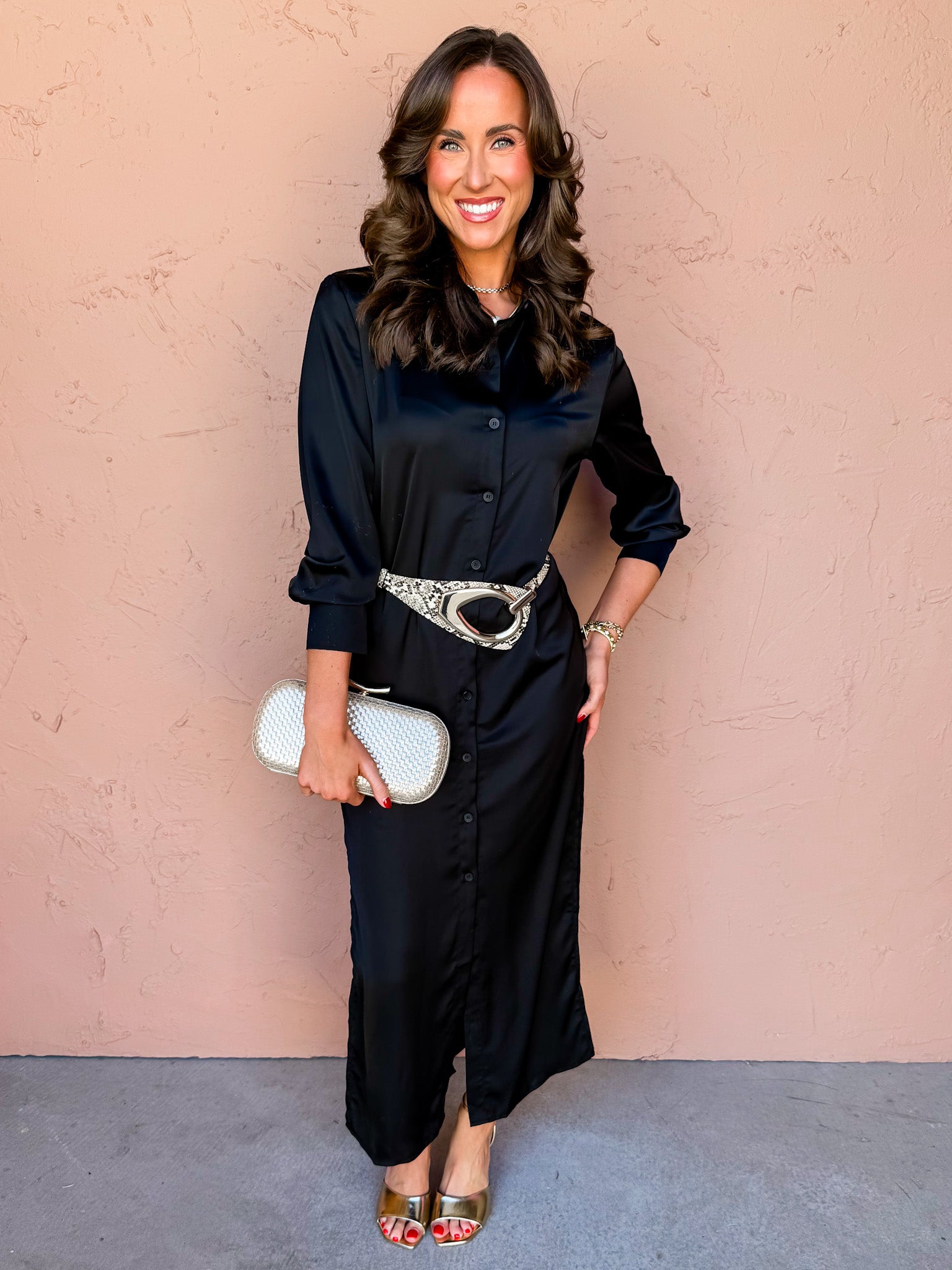 Shari Button Down Silk Maxi Dress-Black