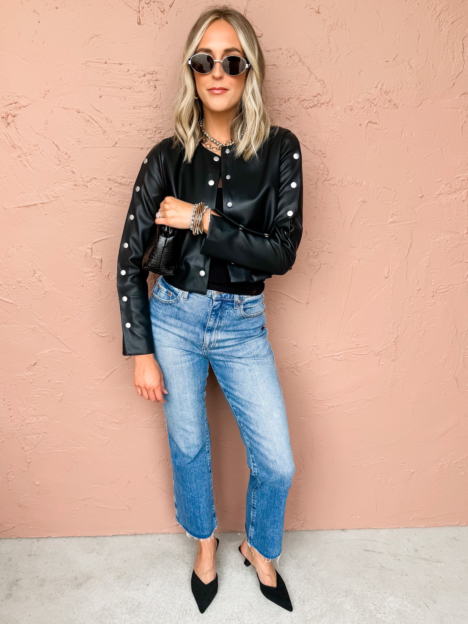 Raven Vegan Leather Snap Up Sleeve Jacket