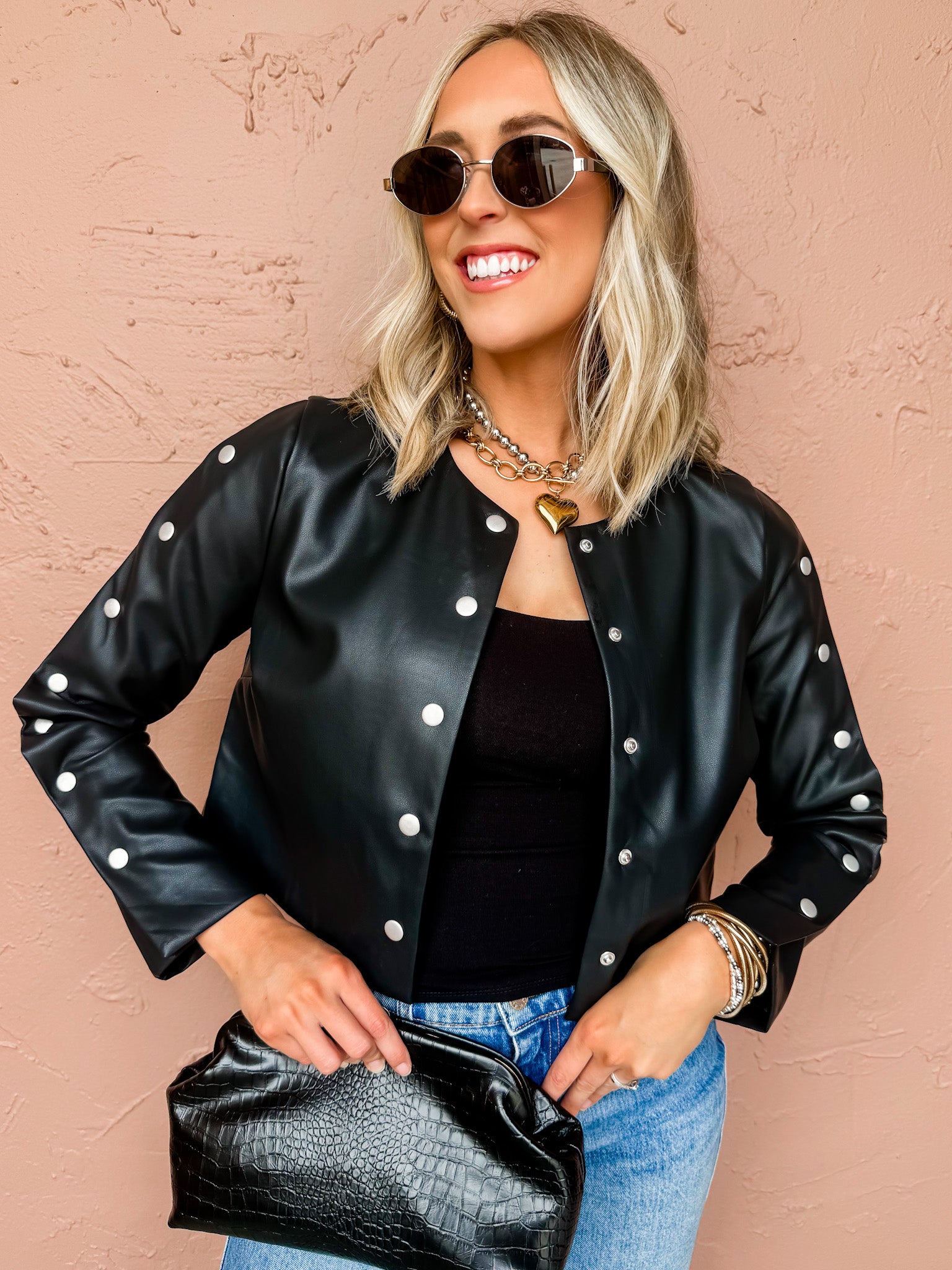 Raven Vegan Leather Snap Up Sleeve Jacket