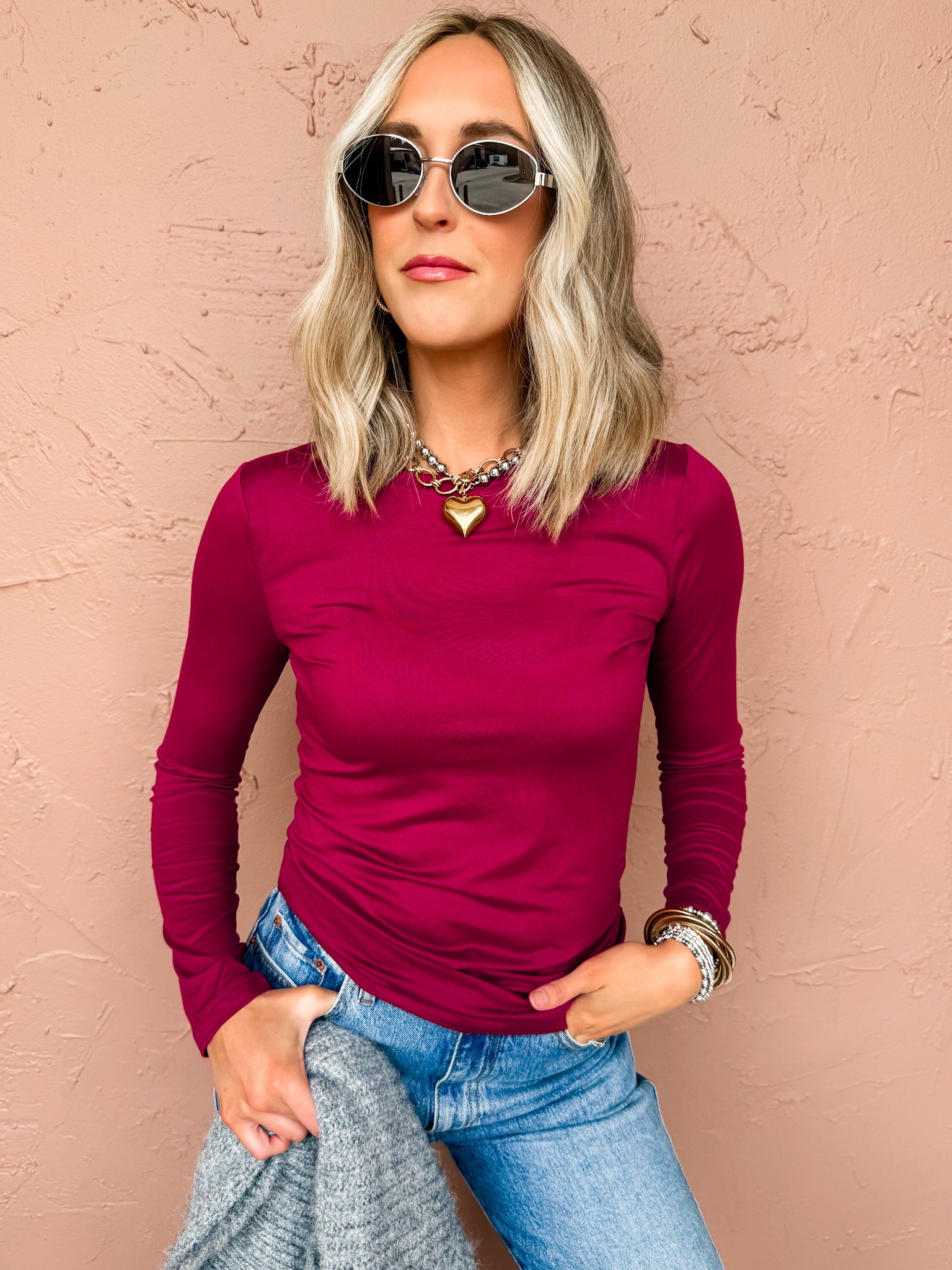 Soft Ease Long Sleeve Top-Dark Burgundy