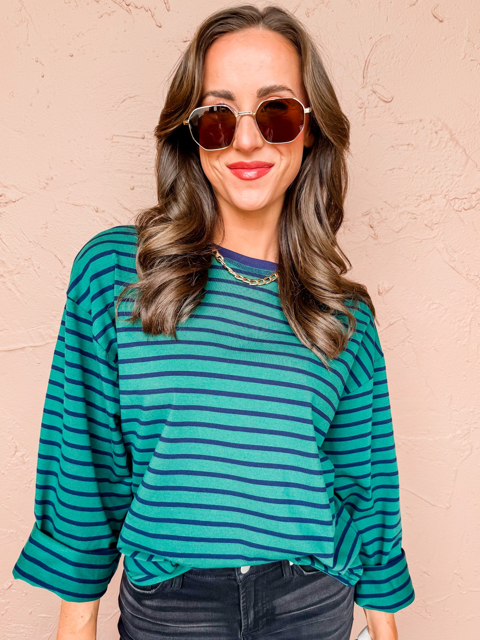 Without A Doubt Striped Crewneck Top-Hunter Green