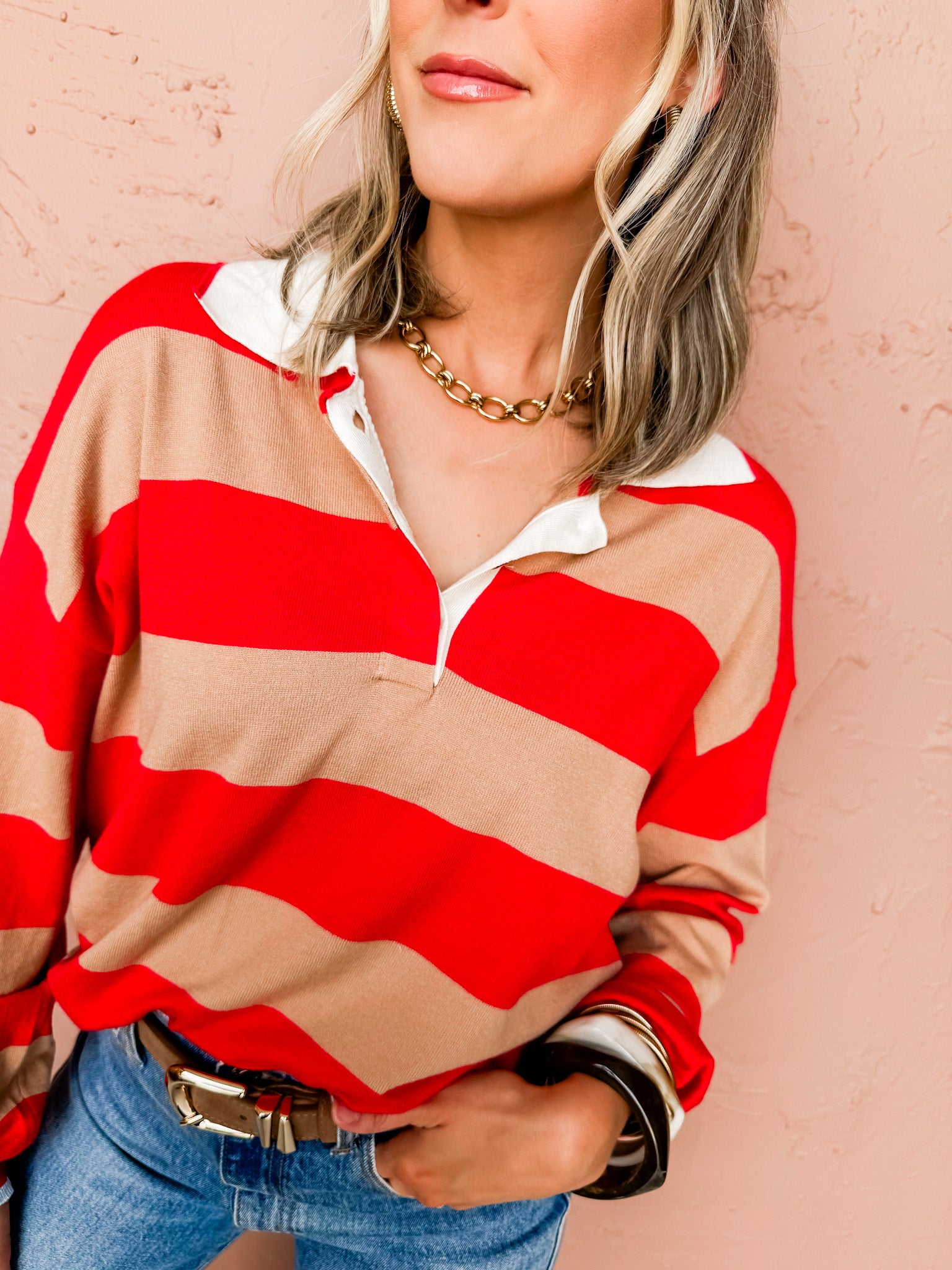 Caydee Striped Rugby Sweater-Red