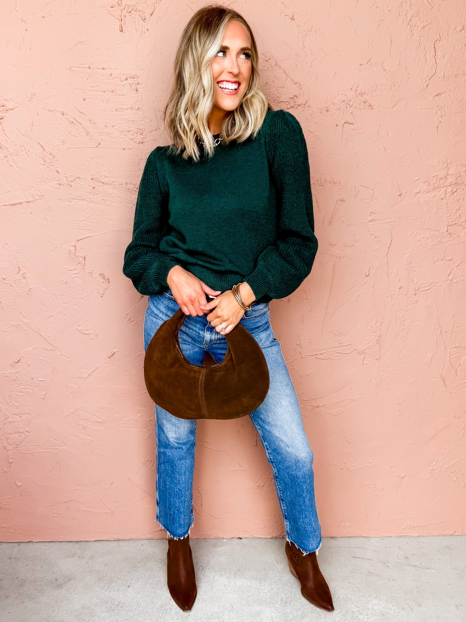 Elisson Puff Sleeve Sweater-Green