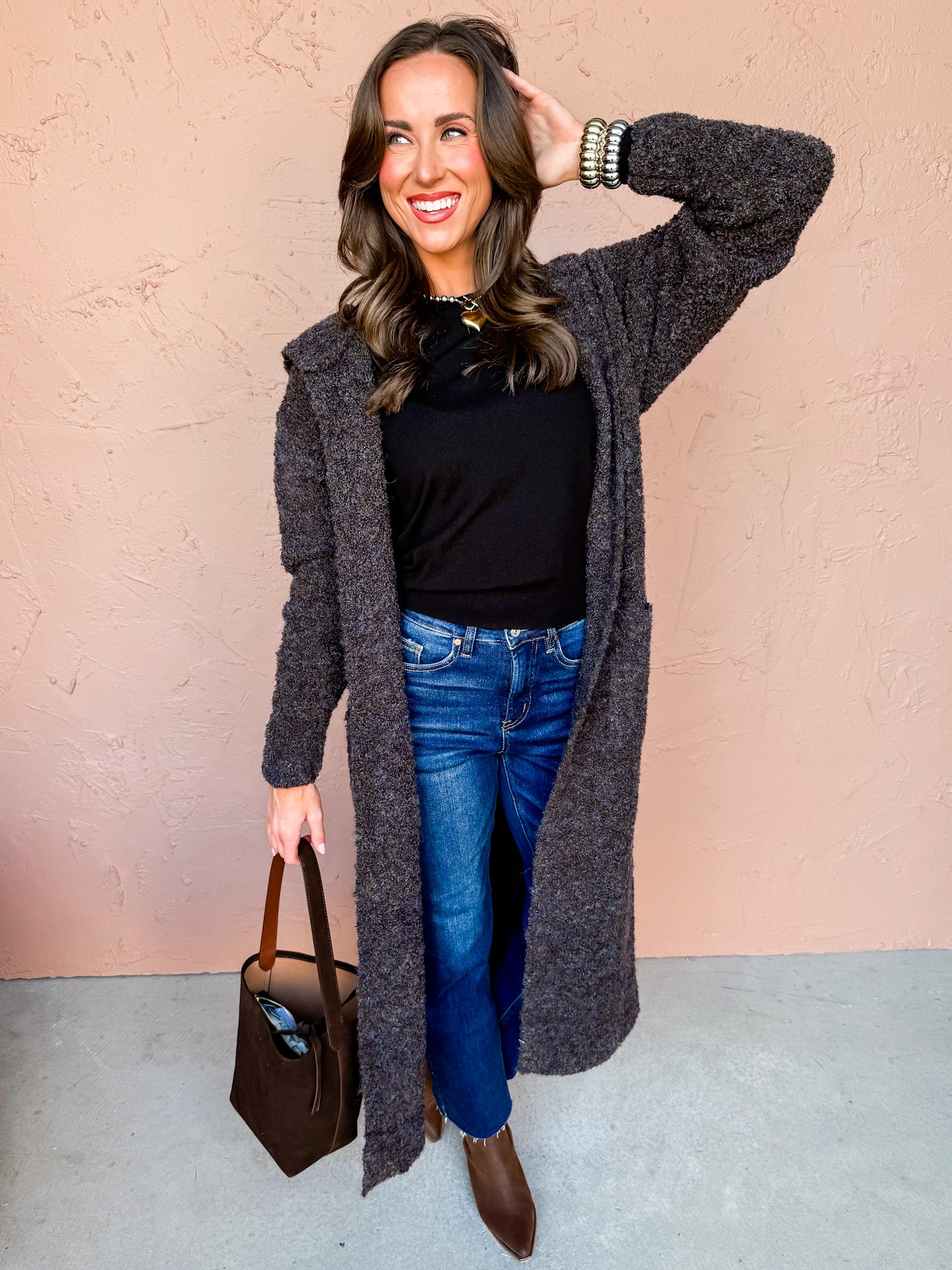 Whispered Warmth Long Knit Cardigan-Brown