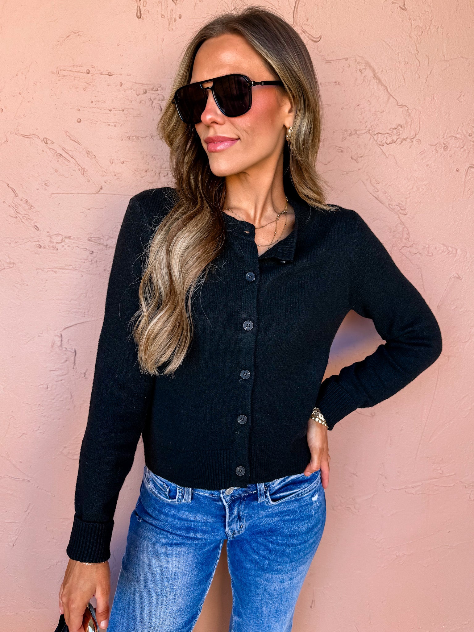 Crew Connection Button Front Cardigan-Black