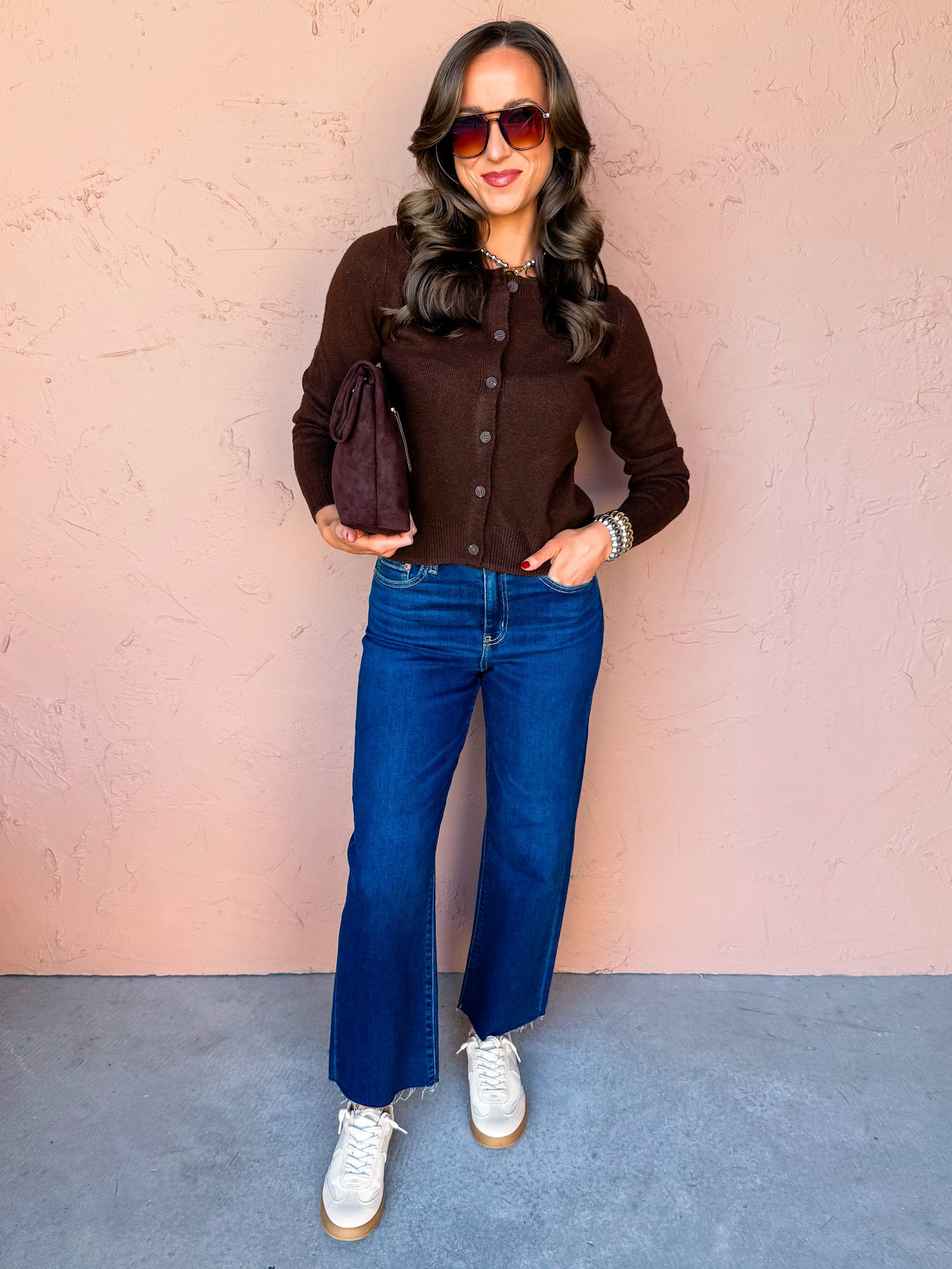 Crew Connection Button Front Cardigan-Brown