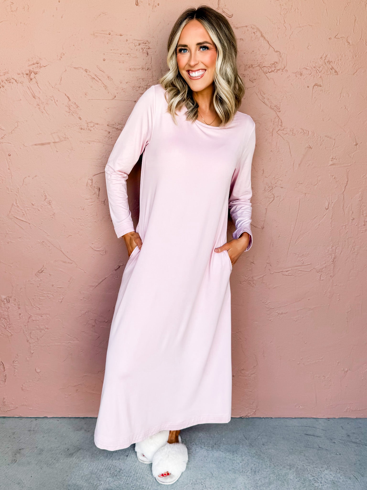 fitted lace wedding dress Aubrey Long Sleeve House Dress-Pink Blush Large