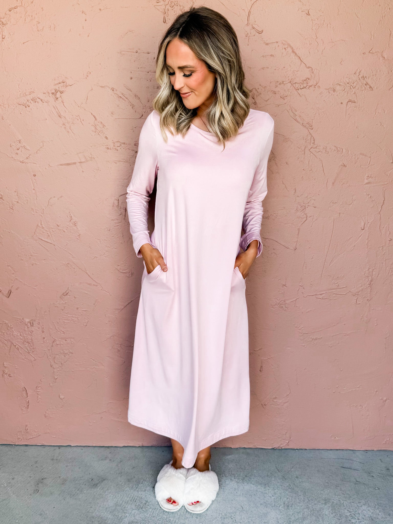 Aubrey Long Sleeve House Dress-Pink Blush