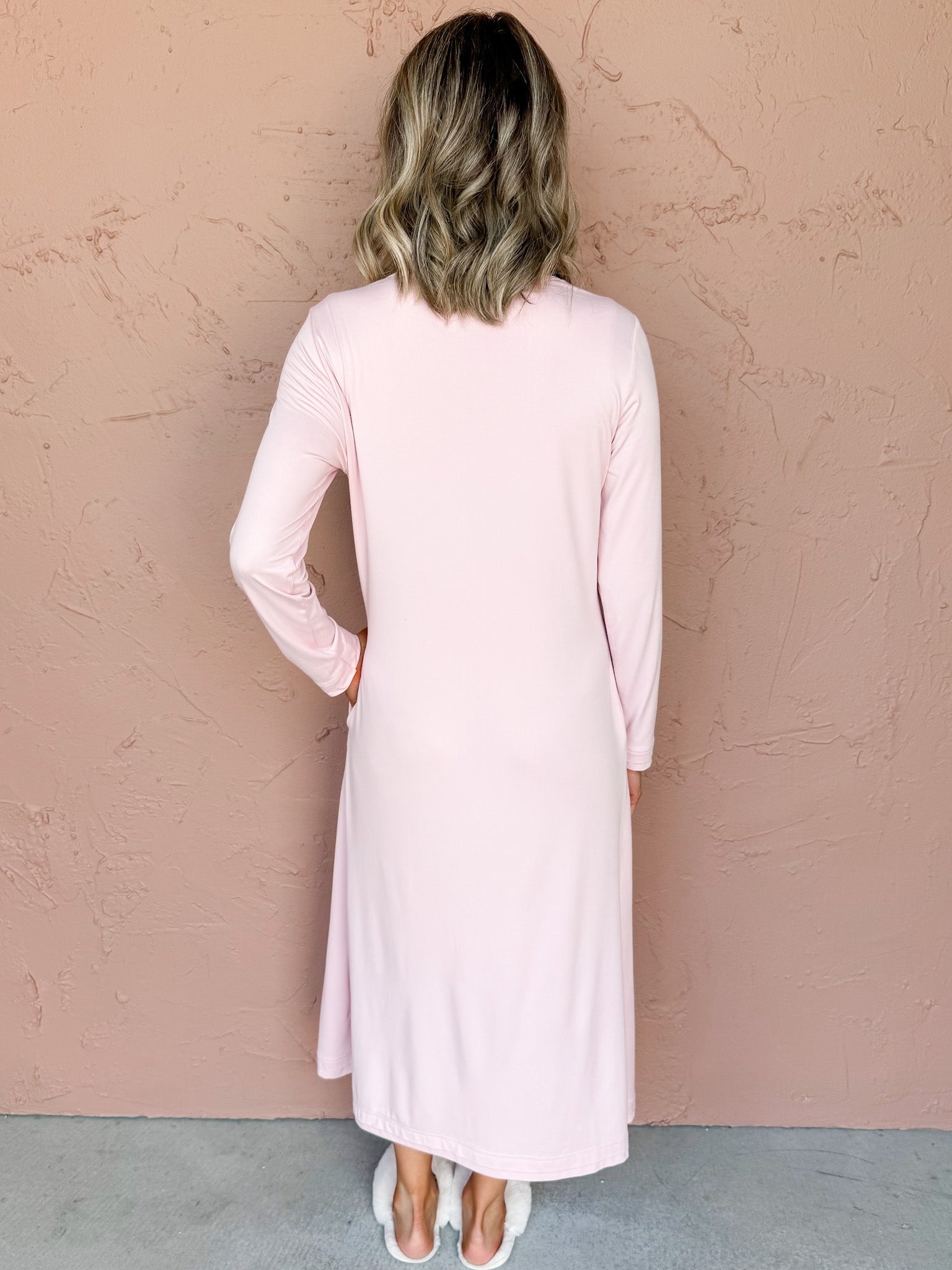 Aubrey Long Sleeve House Dress-Pink Blush