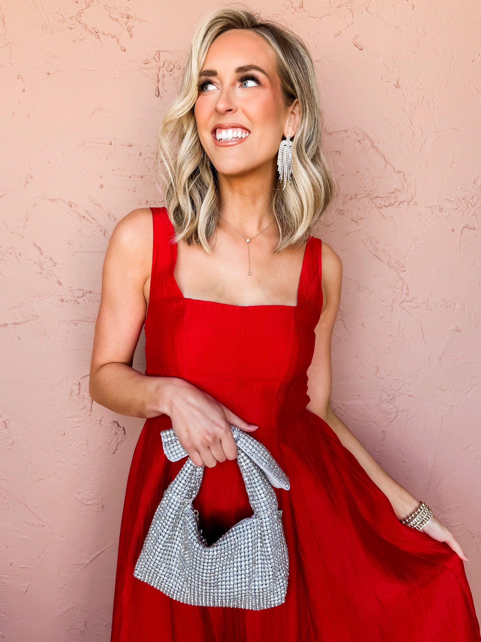 Ava Square Neck Midi Dress-Red