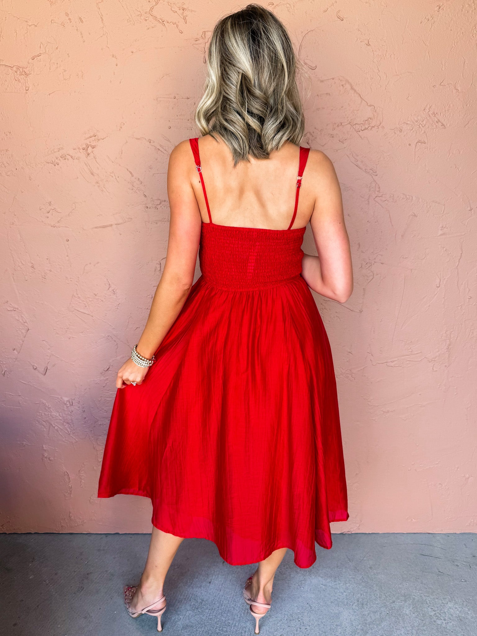 Ava Square Neck Midi Dress-Red